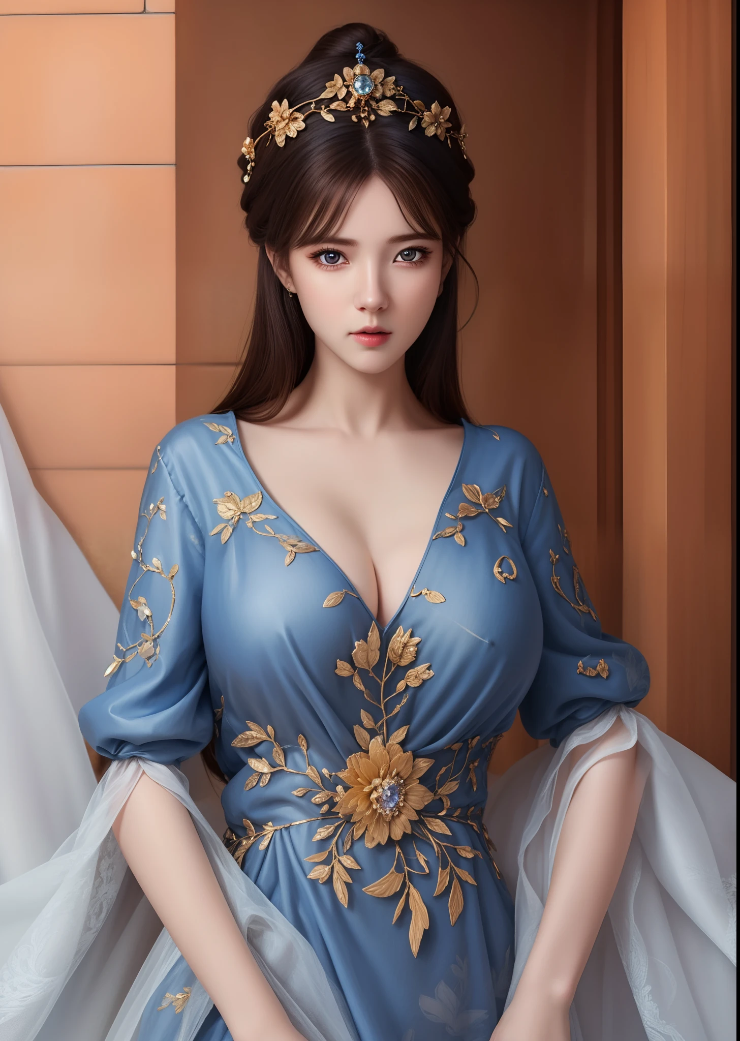 (hyperrealistic), (illustration), (high resolution), (8K), (extremely detailed), (best illustration), (beautiful detailed eyes), (best quality), (ultra-detailed), (masterpiece), (wallpaper), (photorealistic), (natural light), (rim lighting), (detailed face), (high detailed realistic skin texture), (anatomically correct), (solo), (1 girl), (high detailed realistic hair), (dark blue hair:1.3), (heterochromic eyes), (detailed eyes), (brown bright eyes:1.2), (sparkling eyes), (realistic big breasts:1.5), (exposed nipples breasts:1.35), (long legs), (slender abs), (dynamic pose), (closed tiny mouth:1.3), nsfw, concentrated expression.