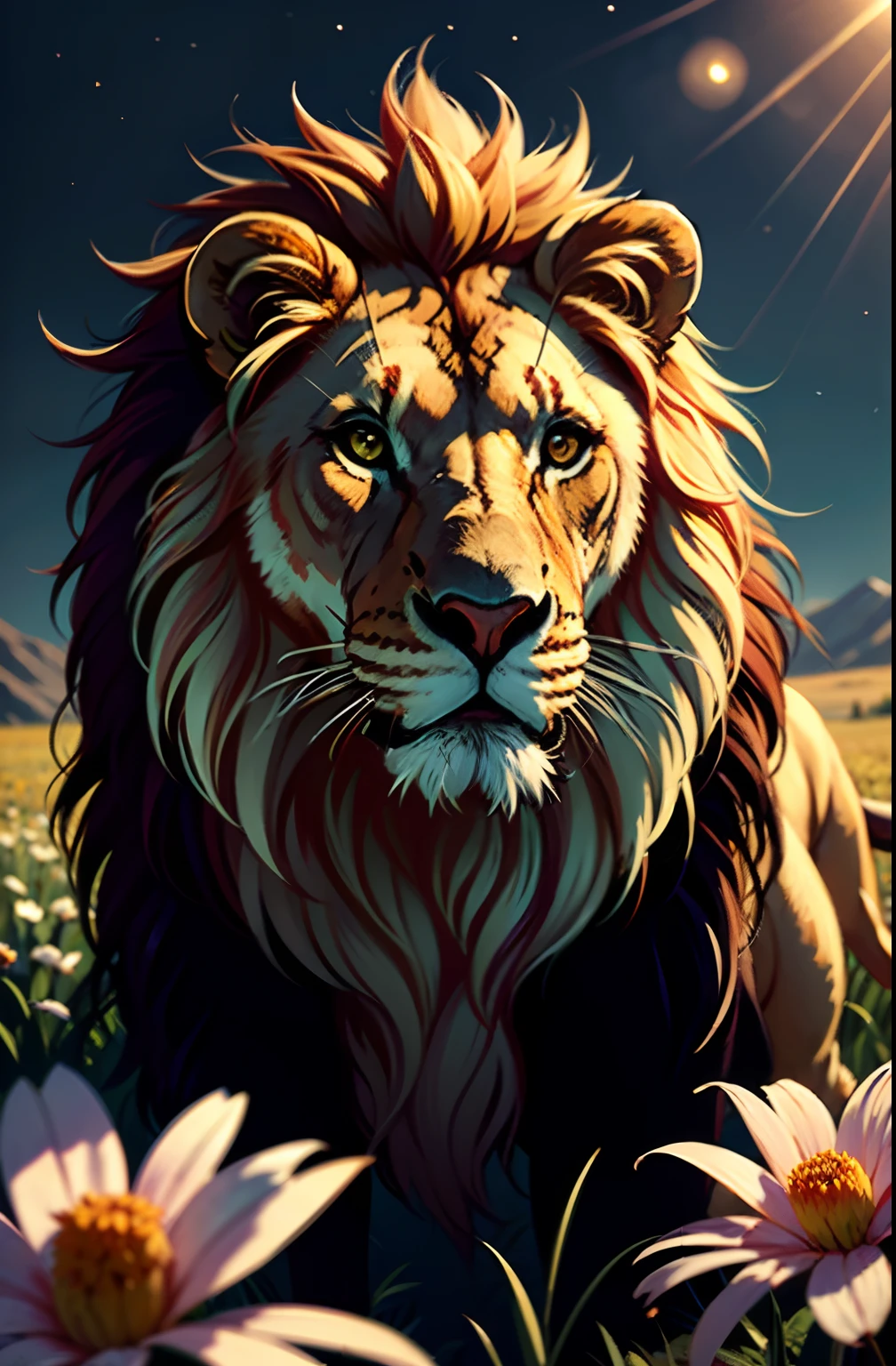 a stunning photo of a solo king lion surrounded by plants in a flower meadow, 8k resolution concept art( intricate details:1.2), sunlight, (high quality:1.2), trending on artstation, 8k, absurdres, extremely detailed fur, (close up:1.1)