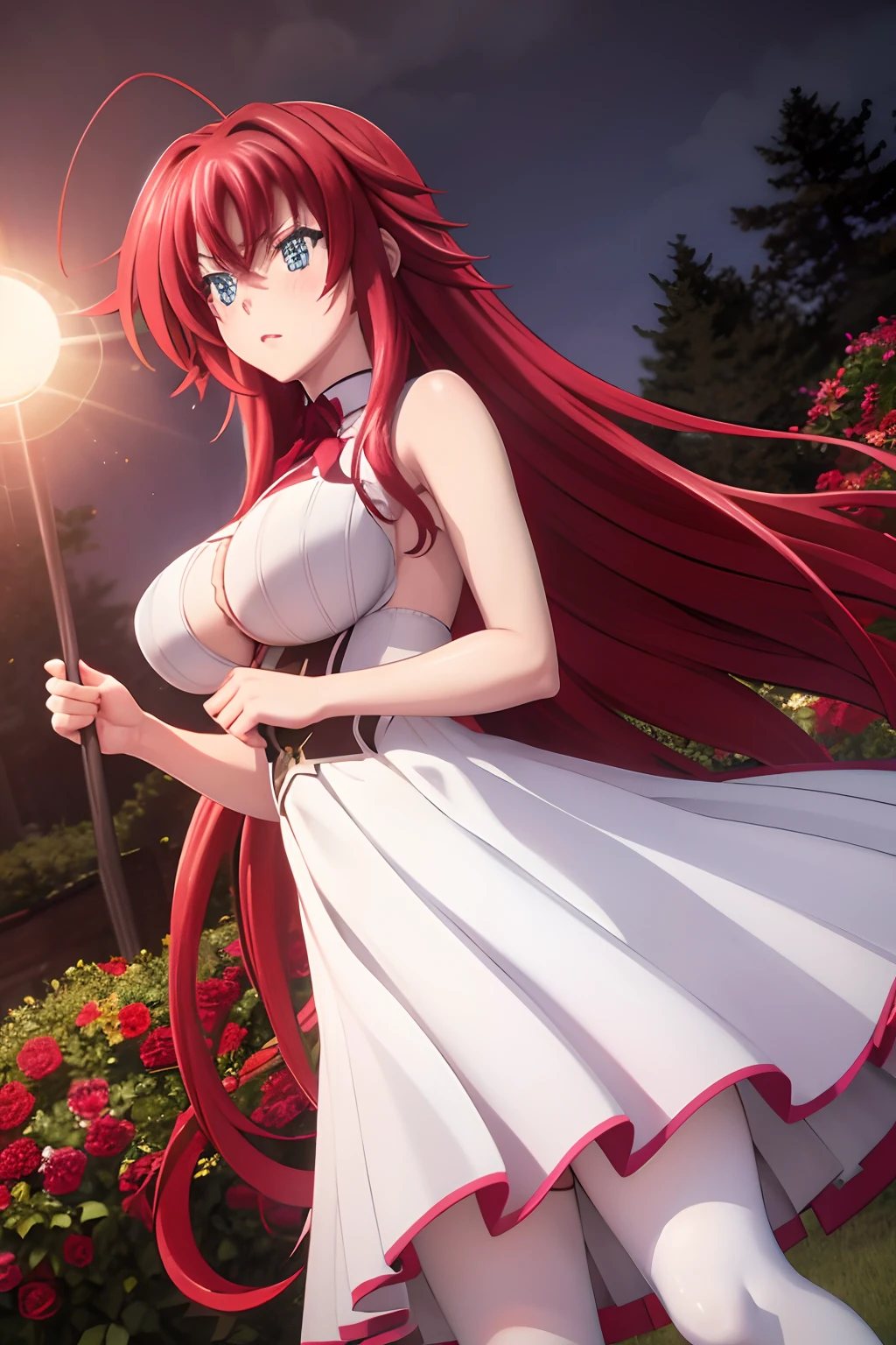 realistic, 1girl, rias gremory, red hair, white hair, Blue eyes, glowing eyes, White and pink wedding gown, Red skirt, Pink pantyhose ,parted lips, blush, night, flowers, sun, sunlight,
