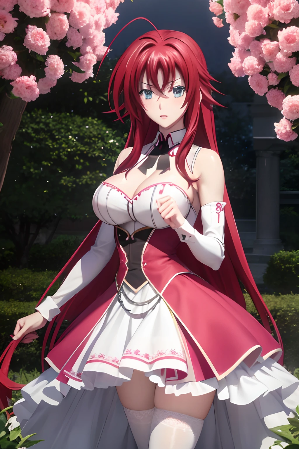 realistic, 1girl, rias gremory, red hair, white hair, Blue eyes, glowing eyes, White and pink wedding gown, Red skirt, Pink pantyhose ,parted lips, blush, night, flowers, sun, sunlight,