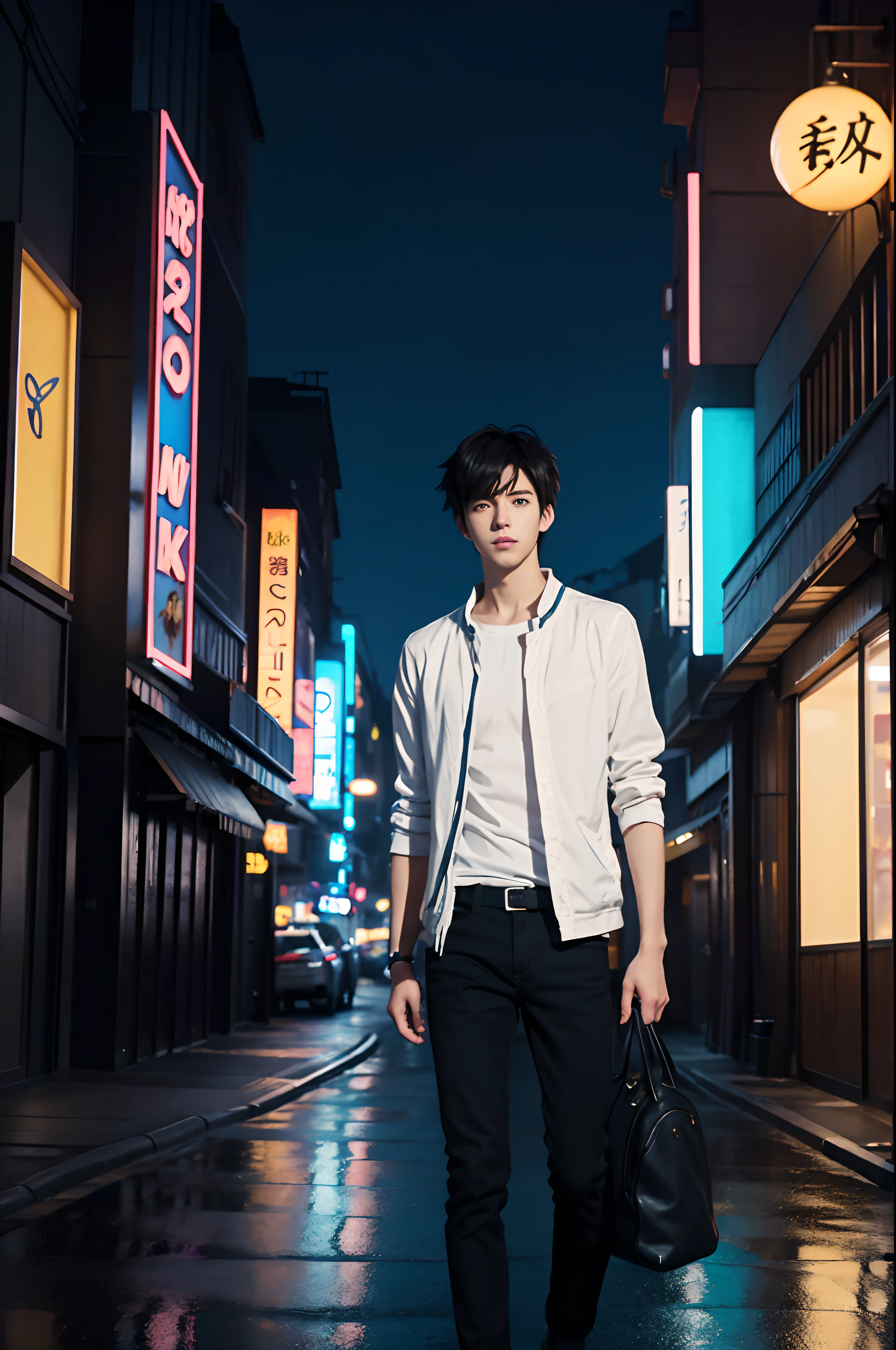 anime character in a city street with neon signs, makoto shinkai style, makoto shinkai. digital render, makoto shinkai art style, young anime man, tall anime guy with blue eyes, makoto shinkai!, makoto shinkai. —h 2160, ( ( makoto shinkai ) ), in style of makoto shinkai