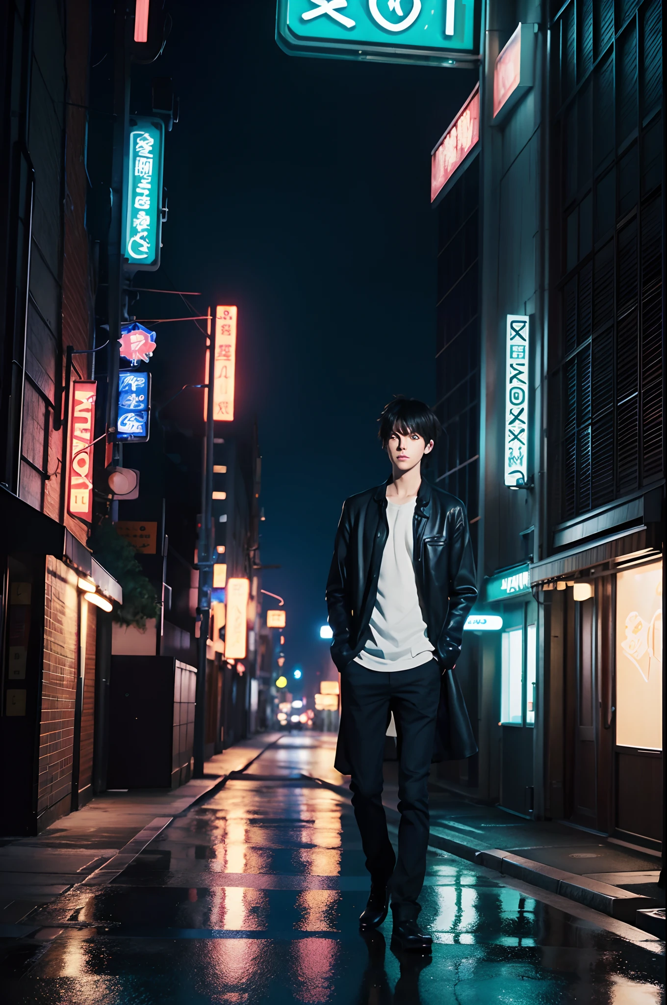 anime character in a city street with neon signs, makoto shinkai style, makoto shinkai. digital render, makoto shinkai art style, young anime man, tall anime guy with blue eyes, makoto shinkai!, makoto shinkai. —h 2160, ( ( makoto shinkai ) ), in style of makoto shinkai