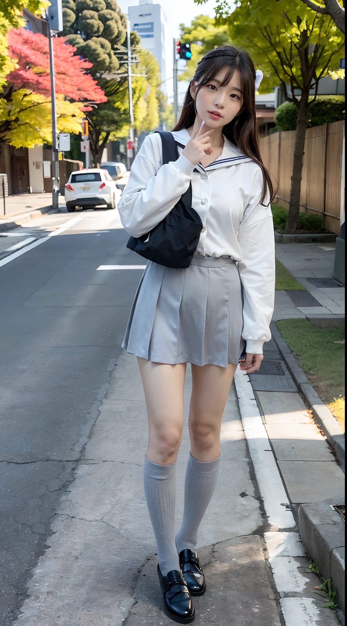 mix4, (16 K, Raw photography, Top image quality, masterpiece: 1.45), (realisitic, Photorealsitic: 1.37), one girls, 7.5, etc、Standing figure,Hairstyle is ponytail、Noon time slot、cute little, A city scape,, profetional lighting, photon maping, Cityscape with street trees, physically-based renderingt, Gradient dark brown hair,, a handsome, Well-groomed and beautiful eyes、Large double eyelids、Very shiny、girl with, (((student clothes、Long sleeve sailor suit worn by Japan girl、red cuffs、Dark blue mini skirt, Small gray beret、Dark blue knee-high socks、Black loafers))), Top Quality Photos, hight resolution, 1080p, (clearface), (Detailed face description), (Detailed hand description), (masterpiece), (Exquisite CG)、extreme light and shadows、dishevled hair、master work、abundant detail、(Fine facial features)、(top quality photo)、(masuter piece)、(A detailed eye)、Look in front of you、Fine clavicle、((Slender big))、(((Japan schooln long-sleeved sailor suit)))、((Ready Idol System))、((Boulevard with street trees、Roads at the scramble intersection))、(Shooting from random perspectives)、(((Anyway cute)))、耳Nipple Ring、A big smile、Drawing the whole body from the knees、Do not draw nasolabial folds、(((Long-sleeved sailor suit)))、(Big breasts that hang down big:1.4)、Big buttocks with tension、Two arms and two legs、(((from the front side:0.5)))、bare hand、No mask、Chesthide