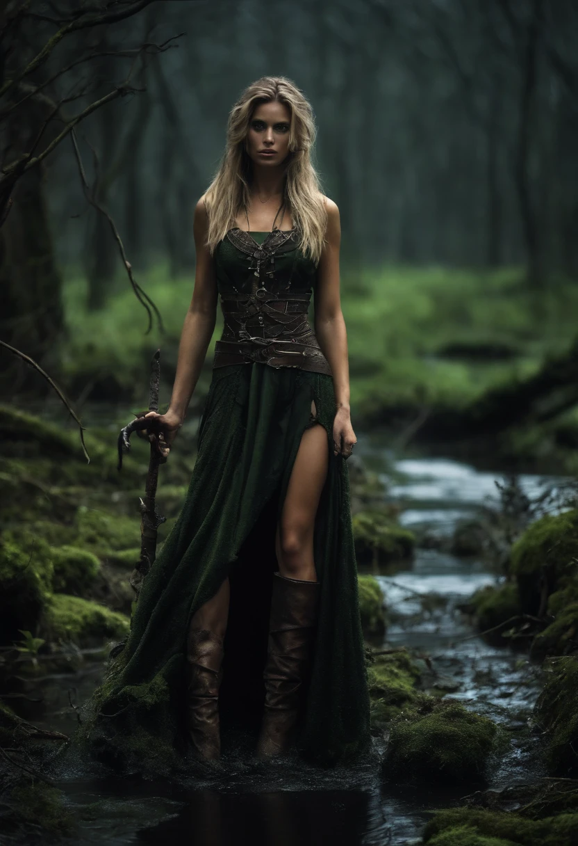 handsome girl, Big green eyes, BDSM, The warrior walks on the black bolt , Moss and bubbling black mud all around, Brave Strong, An evil expression on his face, makes his way through a black muddy swamp, night sky, luna, snags and roots stick out everywhere, Dark tones , realistness, tmasterpiece. BLOOD GODDESS