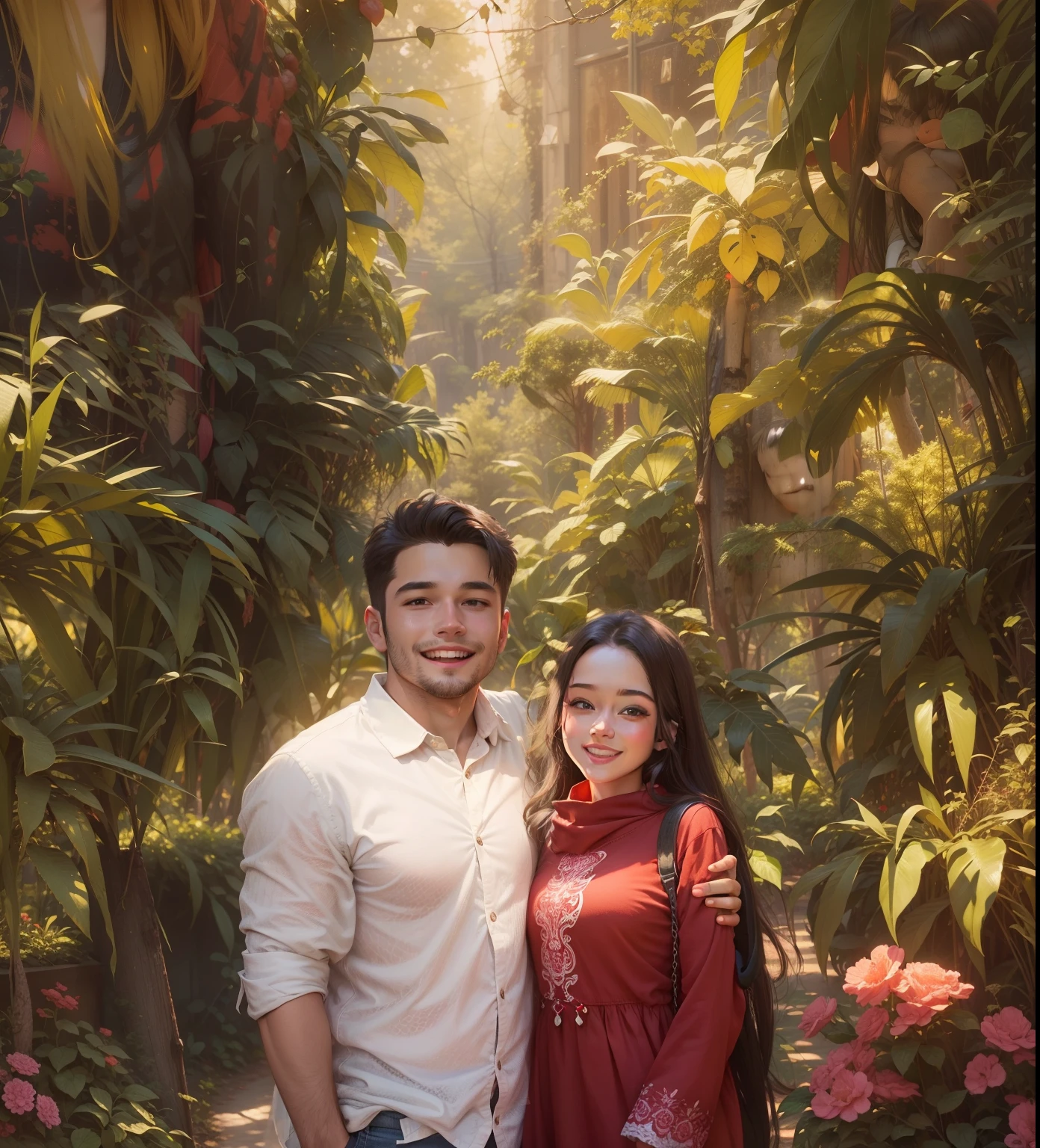 A Cute girl wearing red dress,her boyfriend is wearing jeans and shirt, smiling and shining face, realistic face,8k