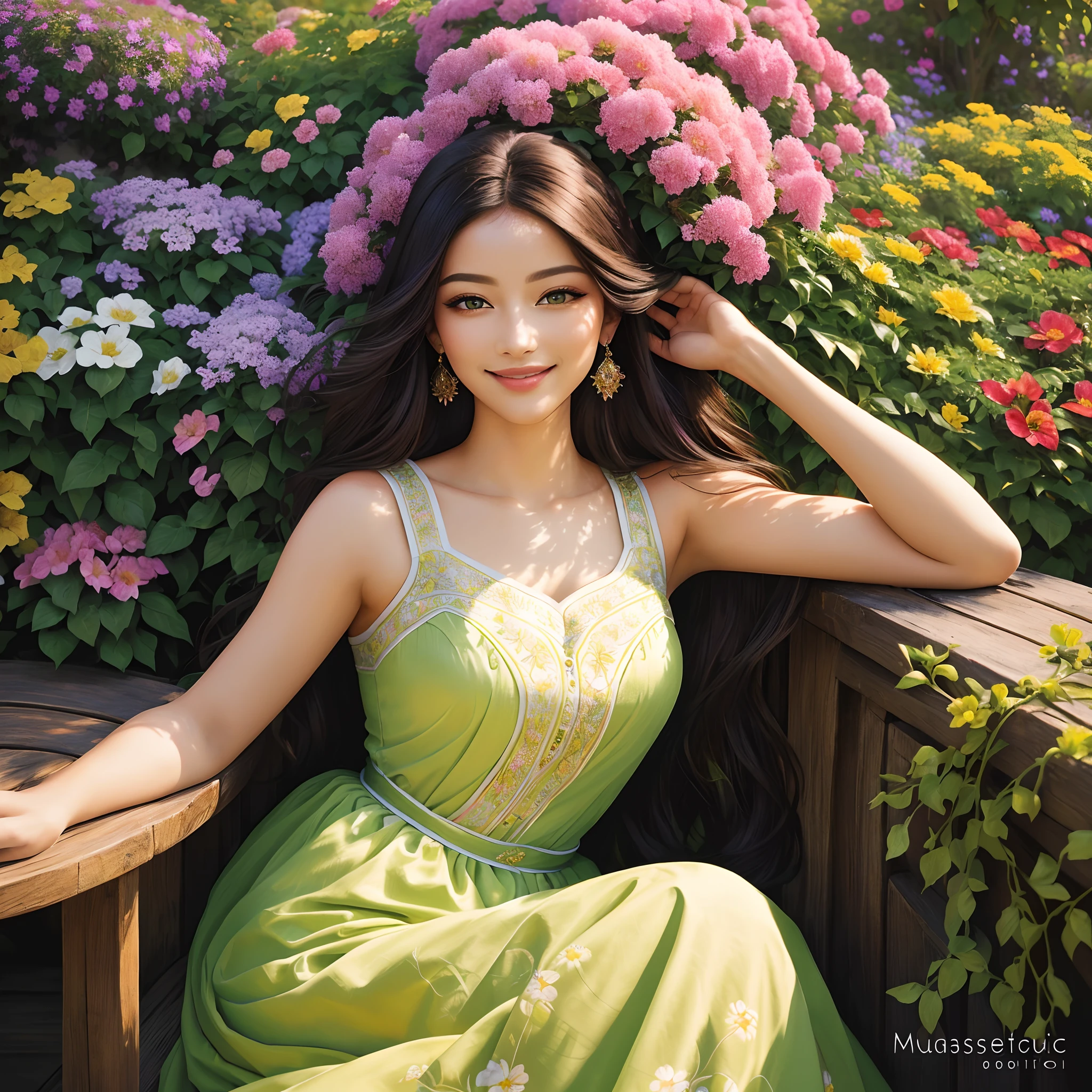 A detailed portrait of a beautiful woman with glowing eyes and radiant smile, surrounded by vibrant flowers in a blooming garden. The woman's eyes are captivating, with intricate details in the iris and long, voluminous eyelashes. Her lips are exquisitely detailed, with a hint of a smile that conveys a sense of joy and contentment. The overall image is of the highest quality, with ultra-detailed features and vivid colors that make it visually stunning. The painting is done in a realistic, photorealistic style that brings the woman and the garden to life. The colors are rich and vibrant, with a warm and inviting color palette that enhances the beauty of the scene. The lighting is soft and gentle, creating a serene and tranquil atmosphere. This masterpiece is a true work of art, showcasing the talent and skill of the artist. (((Masterpiece))), (((best quality))), ((Ultra-detailed)).