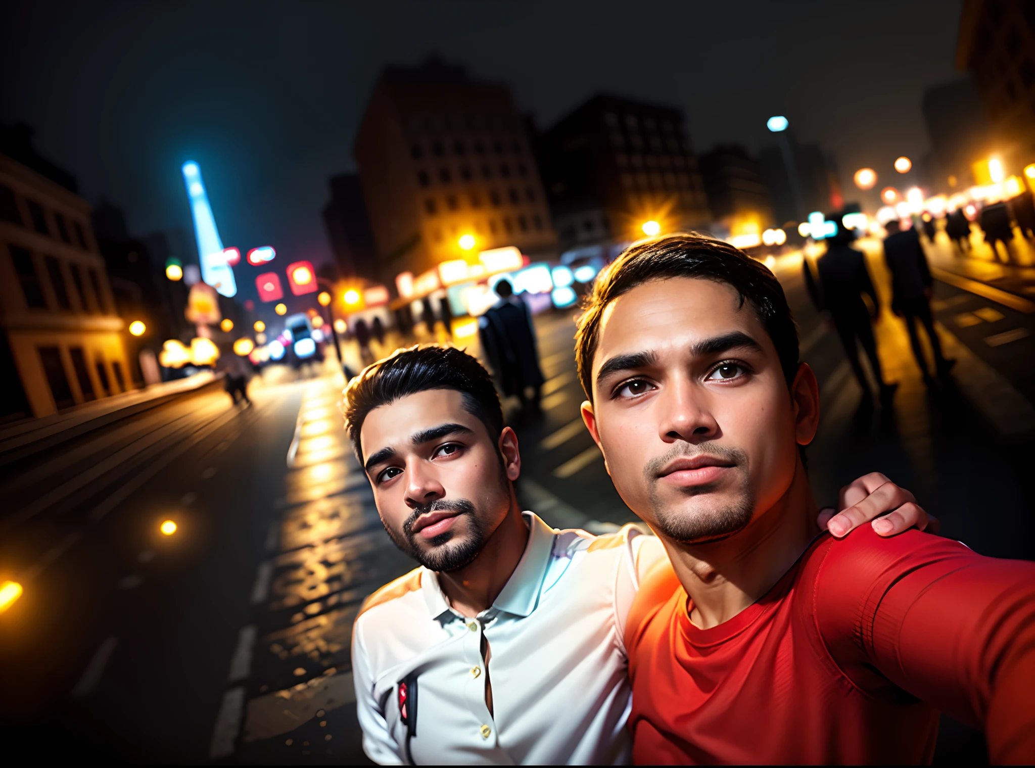 there are two men standing next to each other at night, at night time, connected with hanging bridge!!, candid picture, very very low quality picture, in city street, at nighttime, facebook post, with glowing lights at night, jayison devadas, during sunset, with accurate face, it is night time, photo taken with canon 5d, very artistic pose,there is a man wearing sunglasses sitting in front of a bus, inspired by Bikash Bhattacharjee, jayison devadas style, with accurate face, assamese aesthetic, facebook post, jayison devadas, facebook profile picture, inspired by Saurabh Jethani, with a cool pose, candid picture, riyahd cassiem,Best quality, 1024k, 1024k, perfect body, ultra detailed face, , detailed eyes handsome boy, realistic face, ultra realistic,