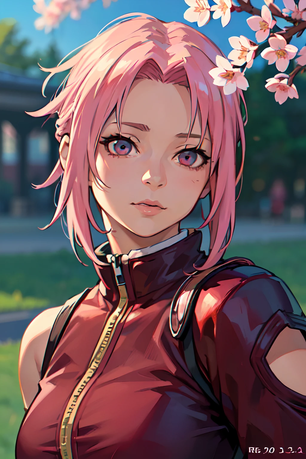 (Sakura haruno, Sakura outfit, Sakura's face:1.2), (8k, RAW photo, best quality, masterpiece:1. 2), (realistic, photo-realistic:1.37) ultra-detailed, vivid colors, studio lighting, manga art