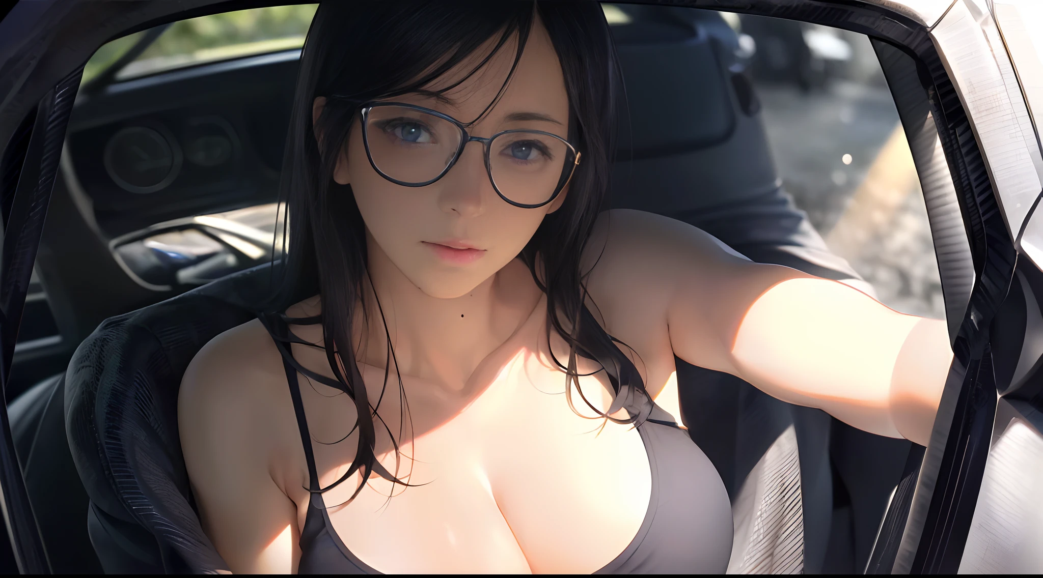 ((((masutepiece, Best Quality, High resolution)))), extremely detailed 8K, (Ultra HD, Ultra-detailed, Highly detailed), (独奏、1 female:2), Lustrous hair, (dynamicposes), facing at camera, ((爆乳,cleavage、爆乳、Erect 、Seductive smile,Open mouth、Hida,beautifull detailed face、Detailed eyes、Detailed eyes)), See Through Tank Tops、(sun beam, Sunlight)
