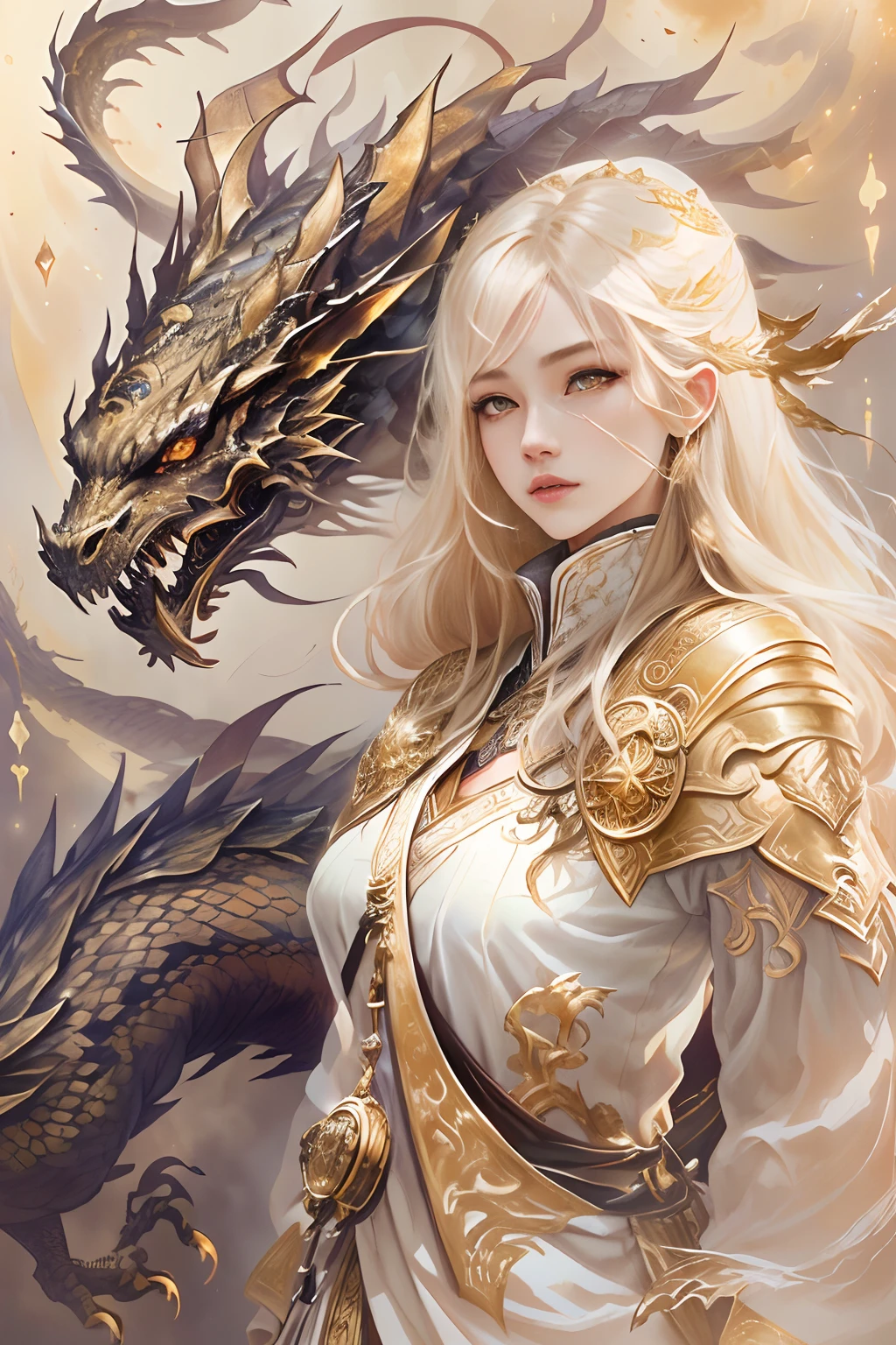 Riding monsters，1girll，,anatomy correct,long whitr hair，dragon monsters，female focus，sitted，Oriental elements，Ink painting style, Clean colors,Golden space, Soft lighting, ( Bokeh)，Masterpiece, Super detailed, Epic composition, Highest quality, 16K，