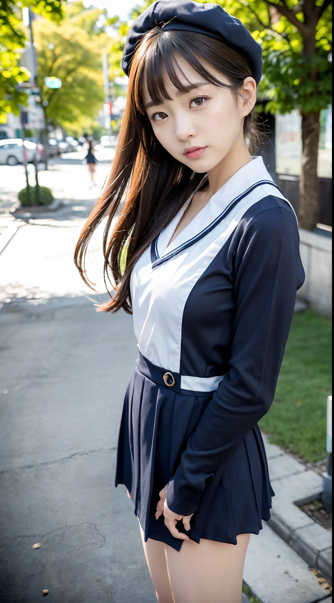 mix4, (16 K, Raw photography, Top image quality, masterpiece: 1.45), (realisitic, Photorealsitic: 1.37), one girls, 7.5, etc、Standing figure,Hairstyle is ponytail、Noon time slot、cute little, A city scape,, profetional lighting, photon maping, Cityscape with street trees, physically-based renderingt, Gradient dark brown hair,, a handsome, Well-groomed and beautiful eyes、Large double eyelids、Very shiny、girl with, (((student clothes、Long sleeve sailor suit worn by Japan schoolgirl、red cuffs、Dark blue mini skirt, Small gray beret、Dark blue knee-high socks、Black loafers))), Top Quality Photos, hight resolution, 1080p, (clearface), (Detailed face description), (Detailed hand description), (masterpiece), (Exquisite CG)、extreme light and shadows、dishevled hair、master work、abundant detail、(Fine facial features)、(top quality photo)、(masuter piece)、(A detailed eye)、Look in front of you、Fine clavicle、((Slender big))、(((Japan schoolgirl in long-sleeved sailor suit)))、((Ready Idol System))、((Boulevard with street trees、Roads at the scramble intersection))、(Shooting from random perspectives)、(((Anyway cute)))、耳Nipple Ring、A big smile、Drawing the whole body from the knees、Do not draw nasolabial folds、(((Long-sleeved sailor suit)))、(Big breasts that hang down big:1.3)、Big buttocks with tension、Two arms and two legs、(((from the front side:0.5)))、bare hand、No mask、Chestide