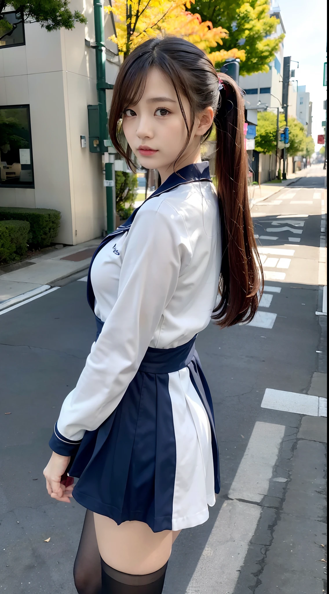mix4, (16 K, Raw photography, Top image quality, masterpiece: 1.45), (realisitic, Photorealsitic: 1.37), one girls, 7.5, etc、Standing figure,Hairstyle is ponytail、Noon time slot、cute little, A city scape,, profetional lighting, photon maping, Cityscape with street trees, physically-based renderingt, Gradient dark brown hair,, a handsome, Well-groomed and beautiful eyes、Large double eyelids、Very shiny、girl with, (((student clothes、Long sleeve sailor suit worn by Japan schoolgirl、red cuffs、Dark blue mini skirt, Small gray beret、Dark blue knee-high socks、Black loafers))), Top Quality Photos, hight resolution, 1080p, (clearface), (Detailed face description), (Detailed hand description), (masterpiece), (Exquisite CG)、extreme light and shadows、dishevled hair、master work、abundant detail、(Fine facial features)、(top quality photo)、(masuter piece)、(A detailed eye)、Look in front of you、Fine clavicle、((Slender big))、(((Japan schoolgirl in long-sleeved sailor suit)))、((Ready Idol System))、((Boulevard with street trees、Roads at the scramble intersection))、(Shooting from random perspectives)、(((Anyway cute)))、耳Nipple Ring、A big smile、Drawing the whole body from the knees、Do not draw nasolabial folds、(((Long-sleeved sailor suit)))、(Big breasts that hang down big:1.3)、Big buttocks with tension、Two arms and two legs、(((from the front side:0.5)))、bare hand、No mask、Chestide