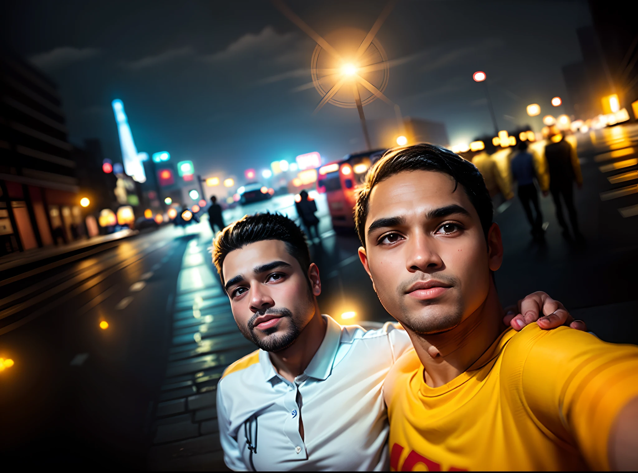 there are two men standing next to each other at night, at night time, connected with hanging bridge!!, candid picture, very very low quality picture, in city street, at nighttime, facebook post, with glowing lights at night, jayison devadas, during sunset, with accurate face, it is night time, photo taken with canon 5d, very artistic pose,there is a man wearing sunglasses sitting in front of a bus, inspired by Bikash Bhattacharjee, jayison devadas style, with accurate face, assamese aesthetic, facebook post, jayison devadas, facebook profile picture, inspired by Saurabh Jethani, with a cool pose, candid picture, riyahd cassiem,Best quality, 1024k, 1024k, perfect body, ultra detailed face, , detailed eyes handsome boy, realistic face, ultra realistic,