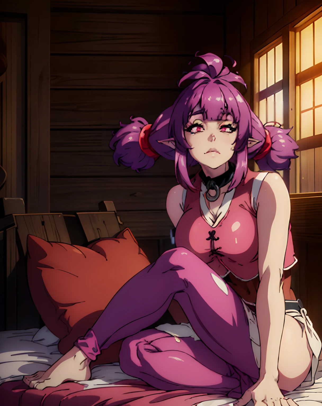 place：(day:1.7), in forest village, wooden house,brick_wall,

action：sitting on a bed, pouting ,( dynamic pose:1.2),

trappings：(pink shirt,black tie,brown vest,sleeveless,:1.2)

The character： choker, elf, long_pointy_ears,

the hair：purple hair,red eye,hair_ornament,(twintails:1.2), hair_tie,

Eye expressions： looking at viewer,

Quality: official art,extremely detailed CG unity 8k wallpaper, perfect lighting,Colorful, Bright_Front_face_Lighting, (masterpiece:1.0),(best_quality:1.0), ultra high res,4K,ultra-detailed, photography, 8K, HDR, highres, absurdres:1.2, Kodak portra 400, film grain, blurry background, bokeh:1.2, lens flare, (vibrant_color:1.2)

big breasts body: (Beautiful,Medium_Breasts:1.1), (beautiful_face:1.5),(narrow_waist), (skindentation, narrow waist, thighs, wide hips, half eye close, eyeliner, eyelashes, perfect face, detailed eyes, facial lighting:1.3),