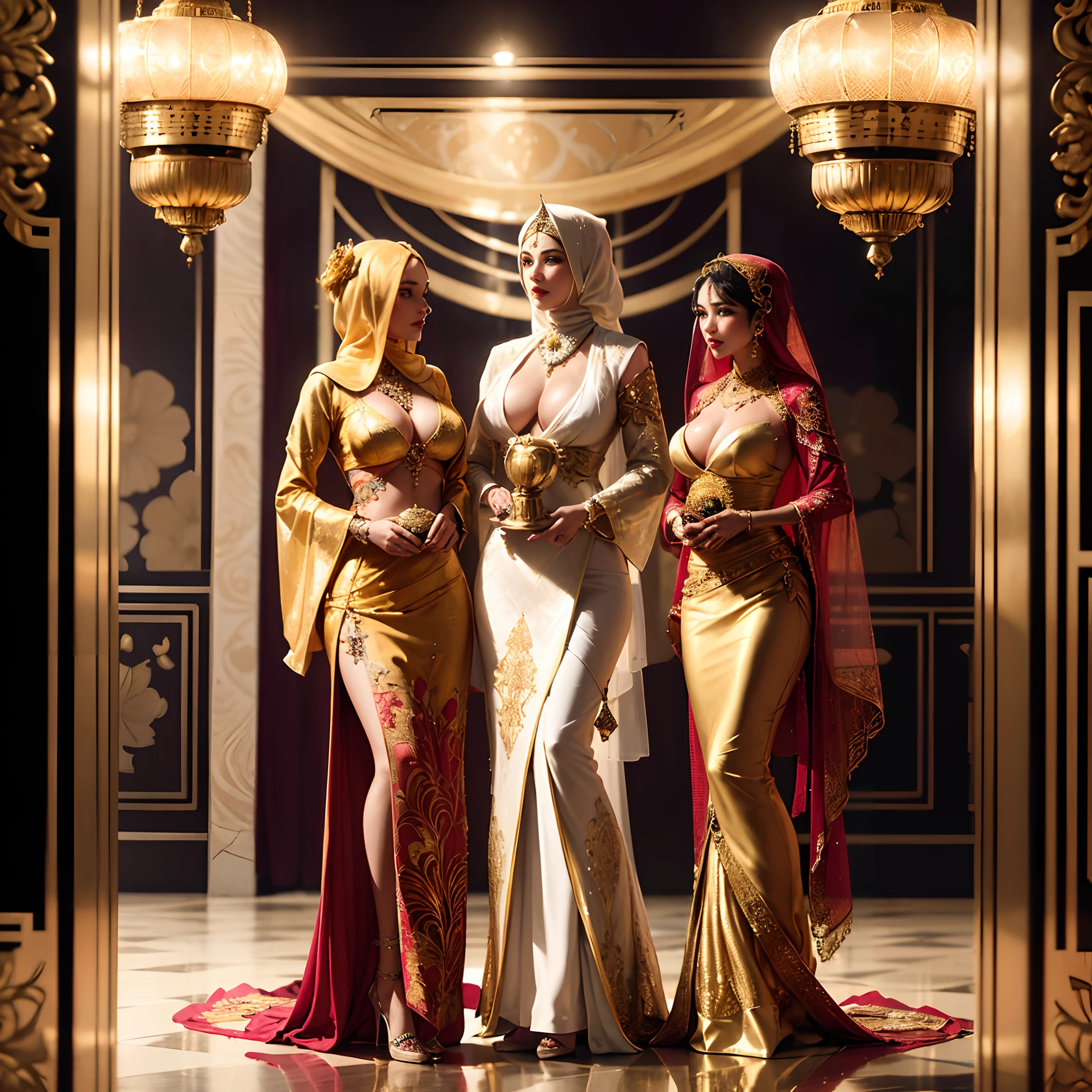 three women in costumes are standing in a room with a chandelier, white and gold priestess robes, moroccan queens ny, inspired by Osman Hamdi Bey, art nouveau octane render, elegant glamourous cosplay, arabian nights inspired, harem, exotic costumes, in a futuristic desert palace, golden robes, inspired by Hedi Xandt, arab inspired, wearing gilded robes