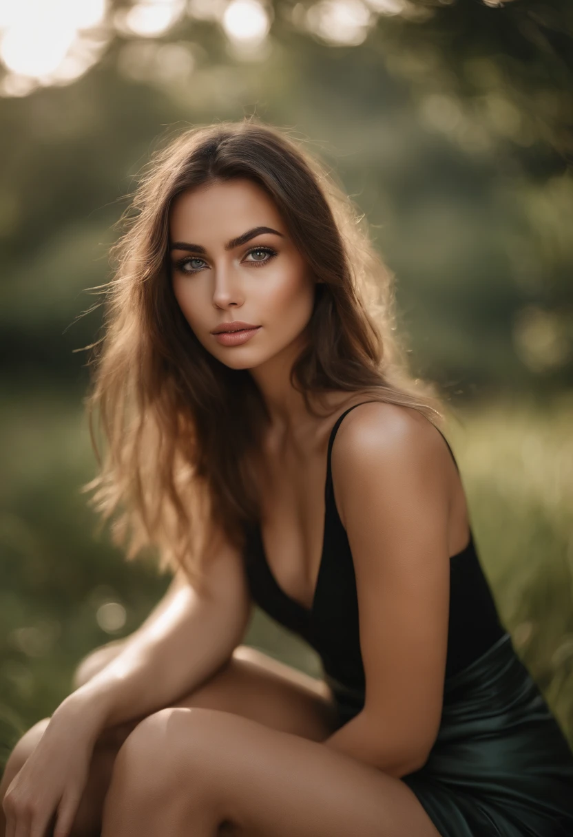 arafed woman with large breasts and a white tank top and a necklace, sexy girl with green eyes, portrait sophie mudd, brown hair and large eyes, selfie of a young woman, bedroom eyes, violet myers, without makeup, natural makeup, looking directly at the camera, face with artgram, subtle makeup, stunning full body shot, piercing green eyes, beautiful angle, attractive pose, cute girl, sexy pose, full body picture, full body, full body shoot, brunette goddess, high detail, satisfied pose, leather pants