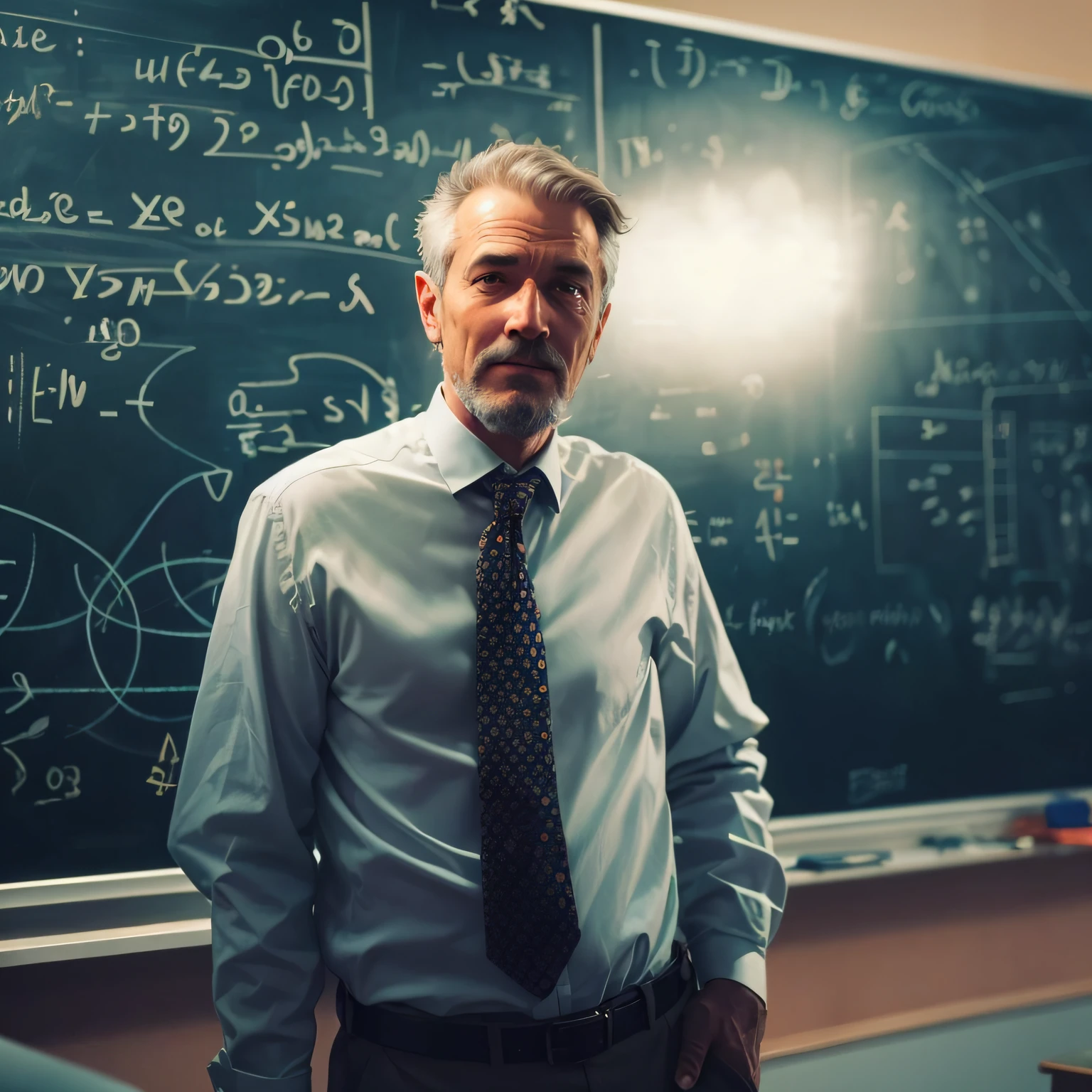 Image Description:

In the image, we find a professor in his workplace, a well-lit classroom. He is standing in front of a large whiteboard where complex equations are written, showcasing his expertise in the subject he teaches. The professor is dressed in professional attire, including a button-up shirt and a tie, indicating his respectable demeanor and commitment to education.

His facial expression is serious, but it carries a touch of passion for the subject he teaches. He holds a piece of chalk in one hand, ready to explain the next concept to the students. The other hand rests on the whiteboard, where equations and diagrams are meticulously drawn, demonstrating a thorough mastery of the subject.

The classroom is arranged with rows of desks, each occupied by focused students, some taking notes in their notebooks while others gaze attentively at the whiteboard. The atmosphere exudes a sense of learning and mutual respect.

Sunlight gently streams in through the windows, creating a feeling of warmth and comfort. The walls of the classroom are adorned with charts and posters related to the subject matter, emphasizing the importance of knowledge.

This realistic image captures the essence of a dedicated teacher in his profession, committed to the education of his students and the sharing of knowledge. It is an inspiring portrait of an educator who is dedicated and passionate about what he does. --auto