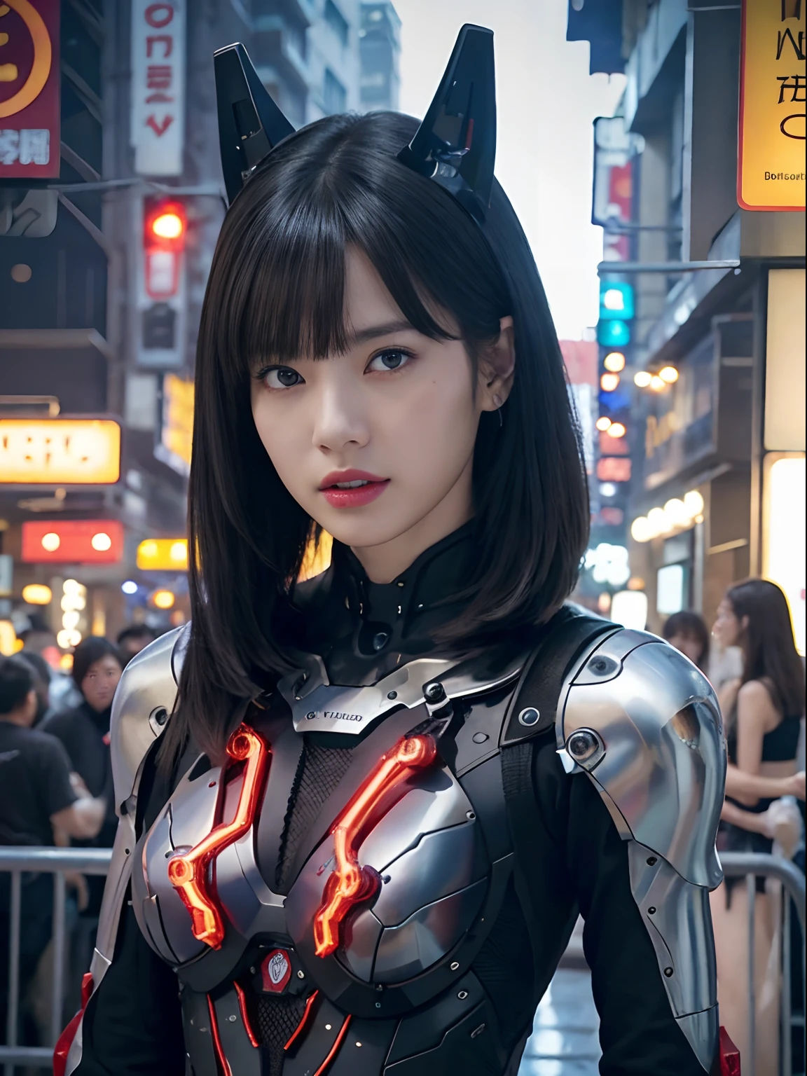 (Fight against mechanical robot soldiers)、top-quality、masterpiece、超A high resolution、(Prostitute Sexy Pose),(Wearing a futuristic sun visor)、(Photorealsitic:1.4)、Raw photo、1人、Black hair、glowy skin、((1 Mechanical Girl))、((super realistic details))、portlate、(Small LED lamp)、Wire tubes that glow all over the body、globalillumination、Shadow、octan render、8K、Armpit、ultrasharp、Colossal tits、Small LED lamp、Raw skin is exposed in cleavage、metals、blood vessels connected to tubes、Red bodysuit、Armpit、Cyberpunk city background、Details of complex ornaments、Japan details、highly intricate detail、Realistic light、CGSoation Trends、Blue eyes、radiant eyes、Facing the camera、neon details、(Helmet of the Brave)、Mechanical limbs、blood vessels connected to tubes、Mechanical vertebrae attached to the back、mechanical cervical attaching to neck、Wires and cables connecting to the head、Gundam、Small LED lamp、Toostock、Toostock、