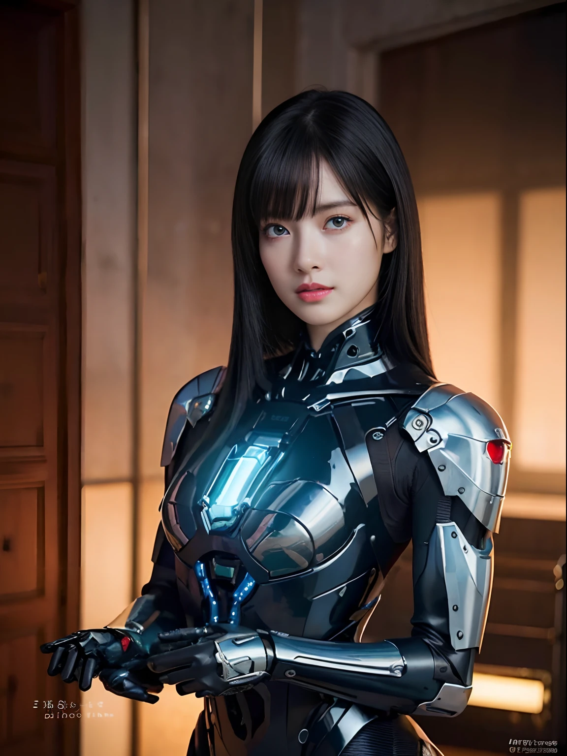 （Fight against mechanical robot soldiers）、top-quality、​masterpiece、超A high resolution、(Prostitute Sexy Pose),（Wearing a futuristic sun visor）、(Photorealsitic:1.4)、Raw photo、***1人、Black hair、glowy skin、((1 Mechanical Girl))、((super realistic details))、portlate、（Small LED lamp）、Wire tubes that glow all over the body、globalillumination、Shadow、octan render、8K、Armpit、ultrasharp、Colossal tits、Small LED lamp、Raw skin is exposed in cleavage、metals、blood vessels connected to tubes、Red bodysuit、Armpit、Cyberpunk city background、Details of complex ornaments、Japan details、highly intricate detail、Realistic light、CGSoation Trends、Blue eyes、radiant eyes、Facing the camera、neon details、（Helmet of the Brave）、Mechanical limbs、blood vessels connected to tubes、Mechanical vertebrae attached to the back、mechanical cervical attaching to neck、Wires and cables connecting to the head、Gundam、Small LED lamp、Toostock、Toostock、