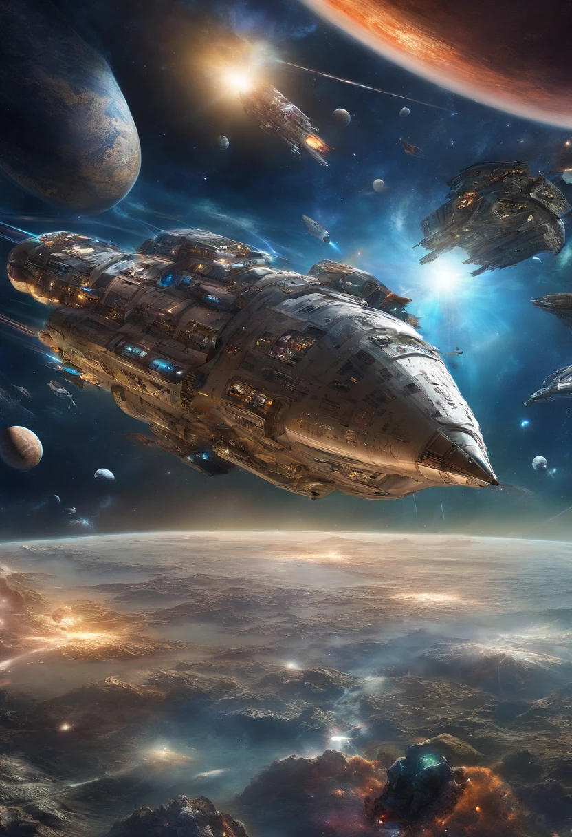 a lot of spaceships escaping from the planet,illustration,cosmic perspective,vibrant colors,realistic lighting,highres,detailed spaceships,sci-fi,adventurous atmosphere