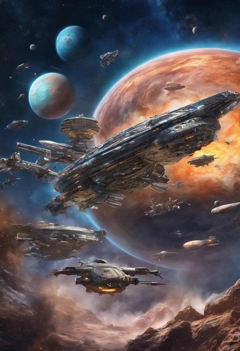 a lot of spaceships escaping from the planet,illustration,cosmic perspective,vibrant colors,realistic lighting,highres,detailed spaceships,sci-fi,adventurous atmosphere