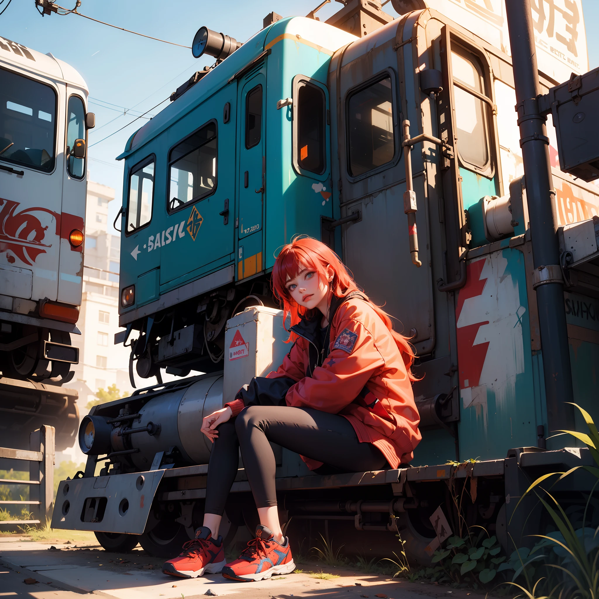 A girl sitting in a graffiti-covered train, vibrant and colorful graffiti, abandoned train, best quality, ultra-detailed, realistic:1.37, Top cropped com capuz cinza, red hair, ((Rabo de cavalo de tora)), legging preta, olhos violetas, olhos brilhantes, sorrir, corar, luz azul brilhante, ((estrelado)), ((epic sky)), urban art, stylish clothing, young girl, thoughtful expression, sunlight streaming in through broken windows, grungy atmosphere, spray paint cans, rusted metal, overgrown vegetation, abandoned train tracks, urban decay, bokeh lighting, vivid colors.