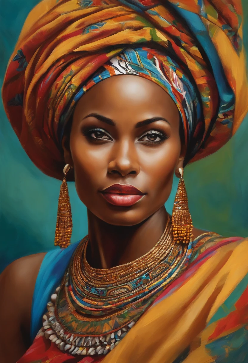 A portrait of a stunning man ,shawt,  depicted in vibrant colors and patterns, celebrating her African heritage. The artwork showcases intricate details and bold brushstrokes, capturing the essence of her beauty and radiance. The image is ideal for a contemporary and culturally inspired wall art piece. An image of a stunning black woman depicted in vibrant colors and patterns, celebrating her African heritage. The artwork showcases intricate details and bold brushstrokes, capturing the essence of her beauty and radiance. The image is ideal for a contemporary and culturally inspired wall art piece. oil portrait painting of a young very beautiful hausa woman, in front of a market, rich colorful clothes, turban and golden hausa jewelry, close up, regal pose and attitude