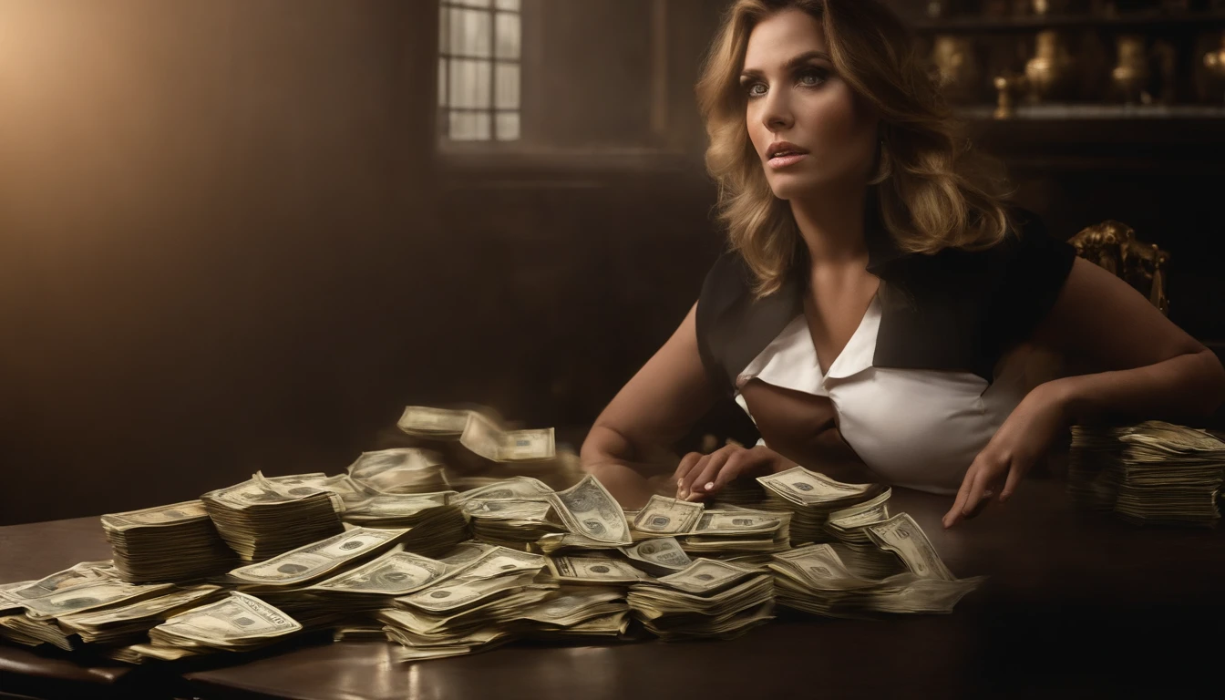 um MULHER lutando contra o dinheiro, dramatic lighting, intense expression, Olhos determinados, punhos cerrados, suor escorrendo pelo rosto, terno enrugado, Correntes quebradas, Crumbling dollar bills, Chart of the crumbling stock market, smoke rising in the background, preto e branco com um toque de ouro, realismo. (melhor qualidade, Altas, ultra-detalhado), (Realistic:1.37), profissional, vivid colors.