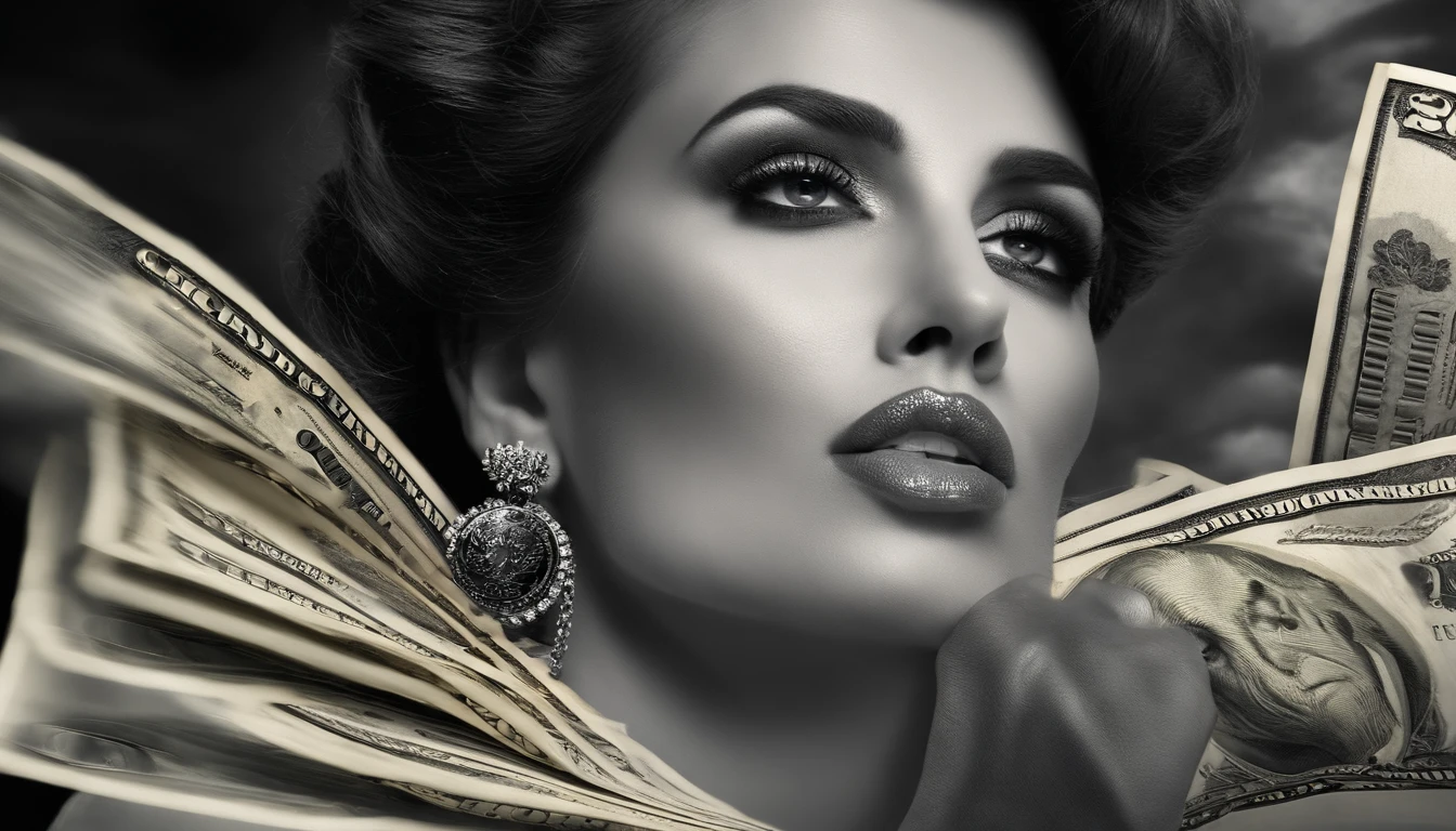 um MULHER lutando contra o dinheiro, dramatic lighting, intense expression, Olhos determinados, punhos cerrados, suor escorrendo pelo rosto, terno enrugado, Correntes quebradas, Crumbling dollar bills, Chart of the crumbling stock market, smoke rising in the background, preto e branco com um toque de ouro, realismo. (melhor qualidade, Altas, ultra-detalhado), (Realistic:1.37), profissional, vivid colors.