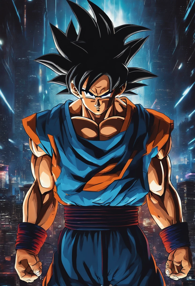 Goku ultra instinto, fondo cyberpunk con bola kamekameja, cuerpo semi robotico