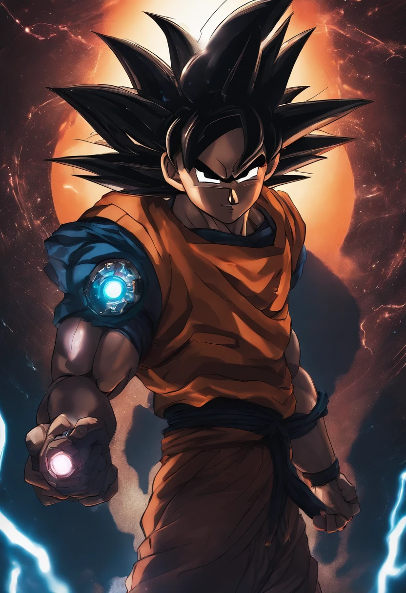 Goku ultra instinto, fondo cyberpunk con bola kamekameja, cuerpo semi robotico