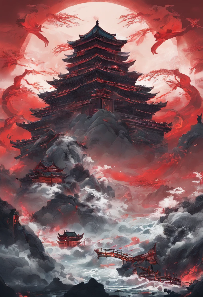 China-style，Chinese mythology，Xuanwu，tosen，Ferocious，gargantuan，The eyes glow red，Huge waves，surrounded by cloud，中景 the scene is，Full body like， highly detailed surreal vfx，oc rendered， - AR 16:9 --q 2 --s 1000