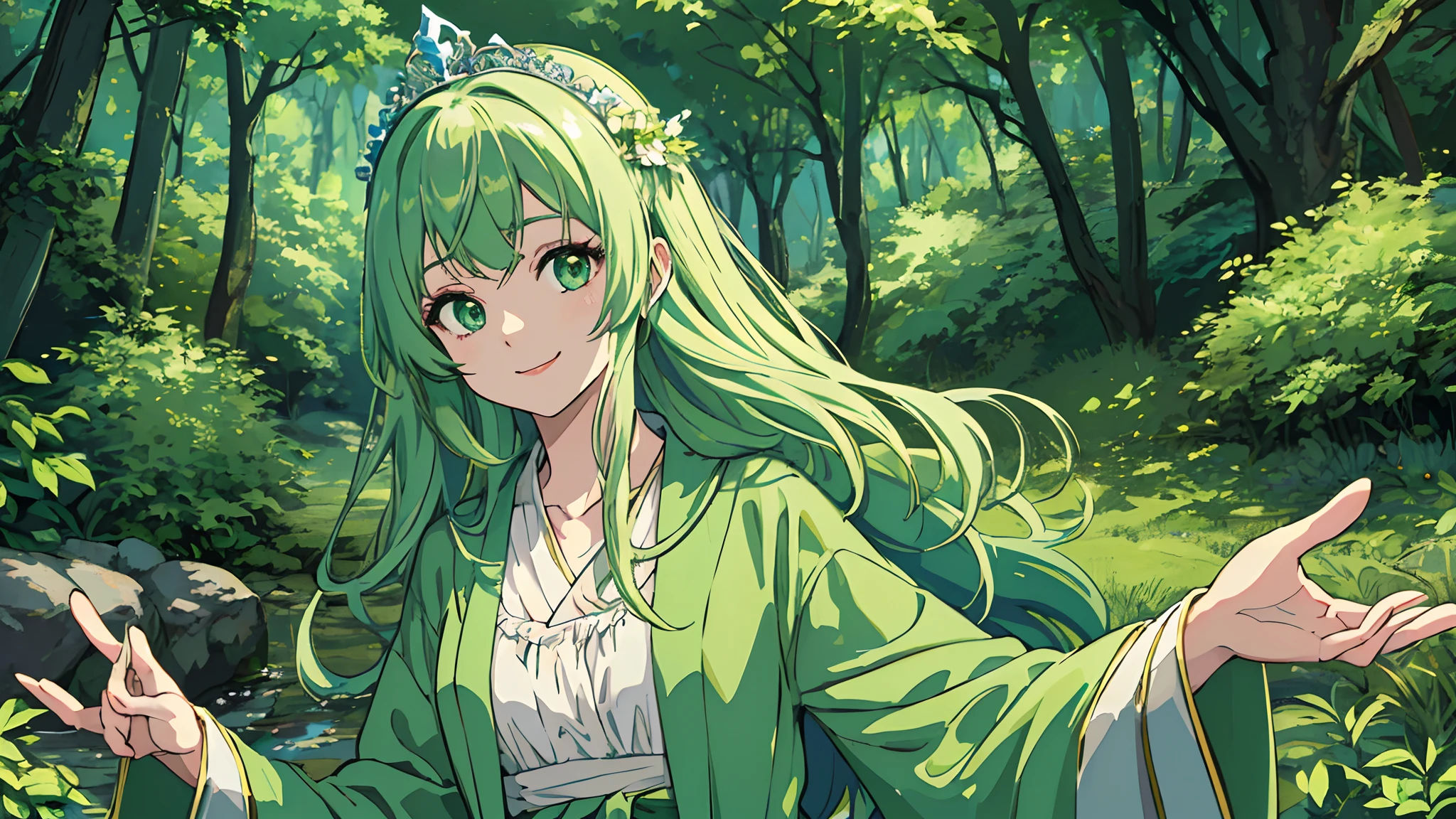 (masterpiece, best quality), 1girl, anime girl in the forest, smiling, pretty, light green hair, long hair, green eyes, flower tiara, outdoors, beautiful face, innocent, green robe, aesthetic vibes,