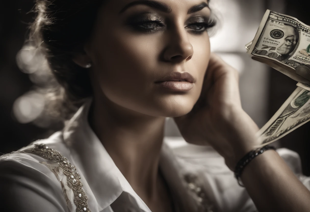 uma MULHER lutando contra o dinheiro, dramatic lighting, intense expression, Olhos determinados, punhos cerrados, suor escorrendo pelo rosto, terno enrugado, Correntes quebradas, Crumbling dollar bills, Chart of the crumbling stock market, smoke rising in the background, preto e branco com um toque de ouro, realismo. (melhor qualidade, Altas, ultra-detalhado), (Realistic:1.37), profissional, vivid colors.