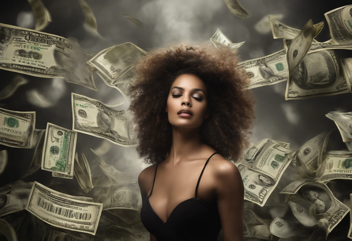 uma MULHER lutando contra o dinheiro, dramatic lighting, intense expression, Olhos determinados, punhos cerrados, suor escorrendo pelo rosto, terno enrugado, Correntes quebradas, Crumbling dollar bills, Chart of the crumbling stock market, smoke rising in the background, preto e branco com um toque de ouro, realismo. (melhor qualidade, Altas, ultra-detalhado), (Realistic:1.37), profissional, vivid colors.