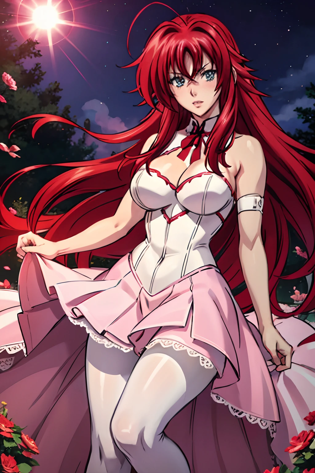 realistic, 1girl, rias gremory, red hair, white hair, Blue eyes, glowing eyes, White and pink wedding gown, Red skirt, Pink pantyhose ,parted lips, blush, night, flowers, sun, sunlight,