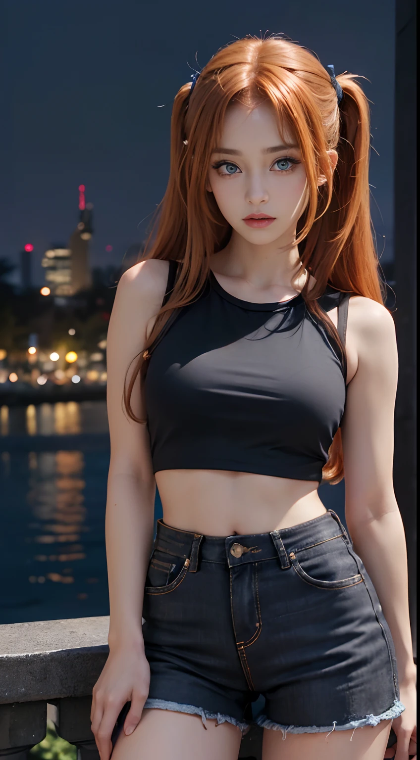 (8K, 4K, Highest quality, high resolucion, The ultra-Highres:1.1), (​masterpiece, Photorealistic: 1.1), the color palette is mainly dark, 1girl, (german:1.3), (japanese:0.5), skinny, 23 years old, (night cityscape), (blurry background), (sleeveless black t-shirt), (black denim shorts), (extremely detailed face), (extremely detailed eyes), focus on face and torso, (long ginger hair:1.2), twintails, blue eyes, (looking looking at viewer:2), Eyeshadow