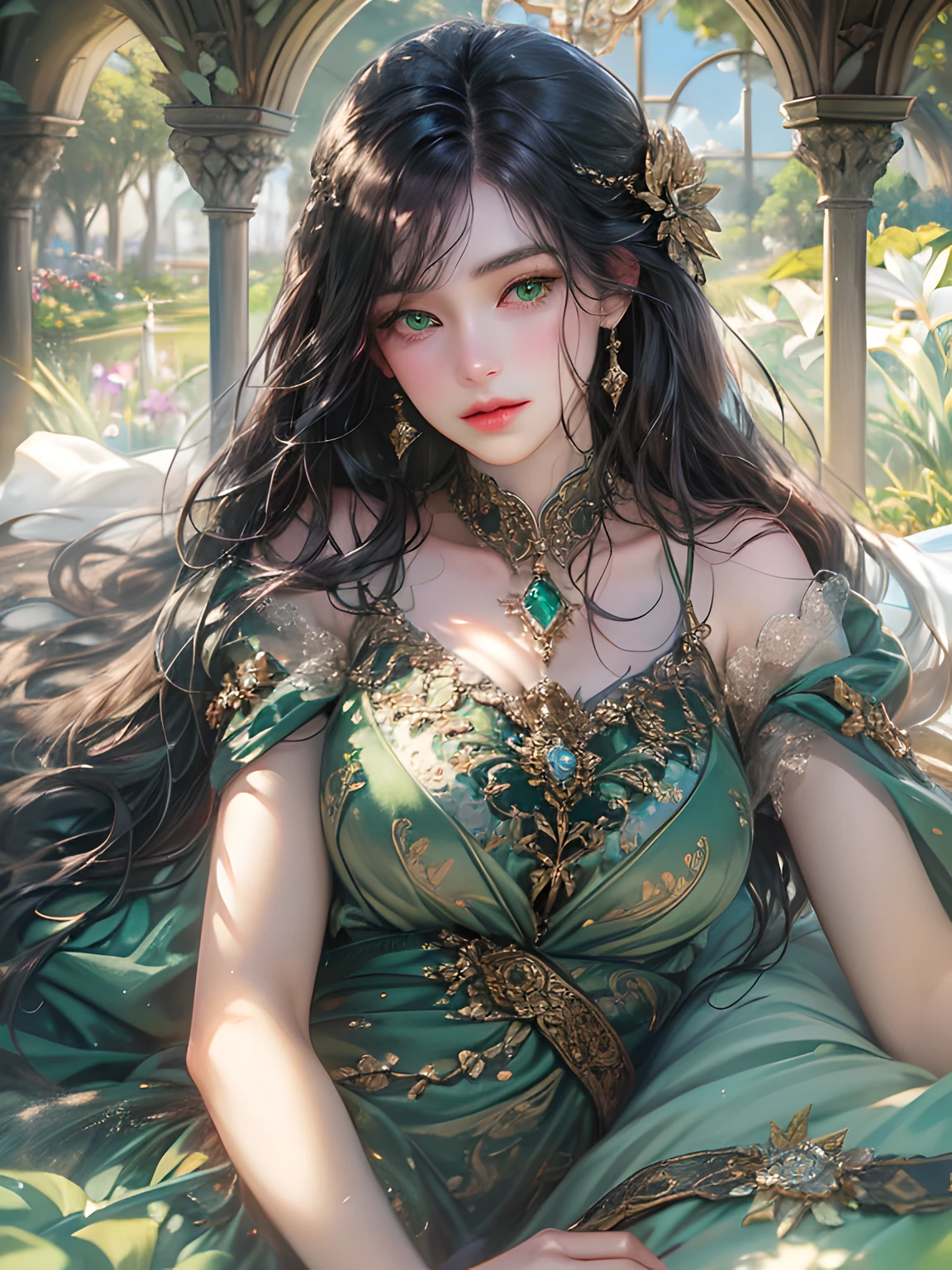 (absurdres, highres, ultra detailed, HDR), masterpiece, best quality, a mature heroine, detailed face, beautiful face with decorative detailed (long black straight hair) (green eyes), green details , laying on a white picnic mat with curtains in celestial palace garden, detailed character, detailed celestial place of goddess, laplace, fantasy, sunlight, detailed light, detailed shadow, detailed backdrop