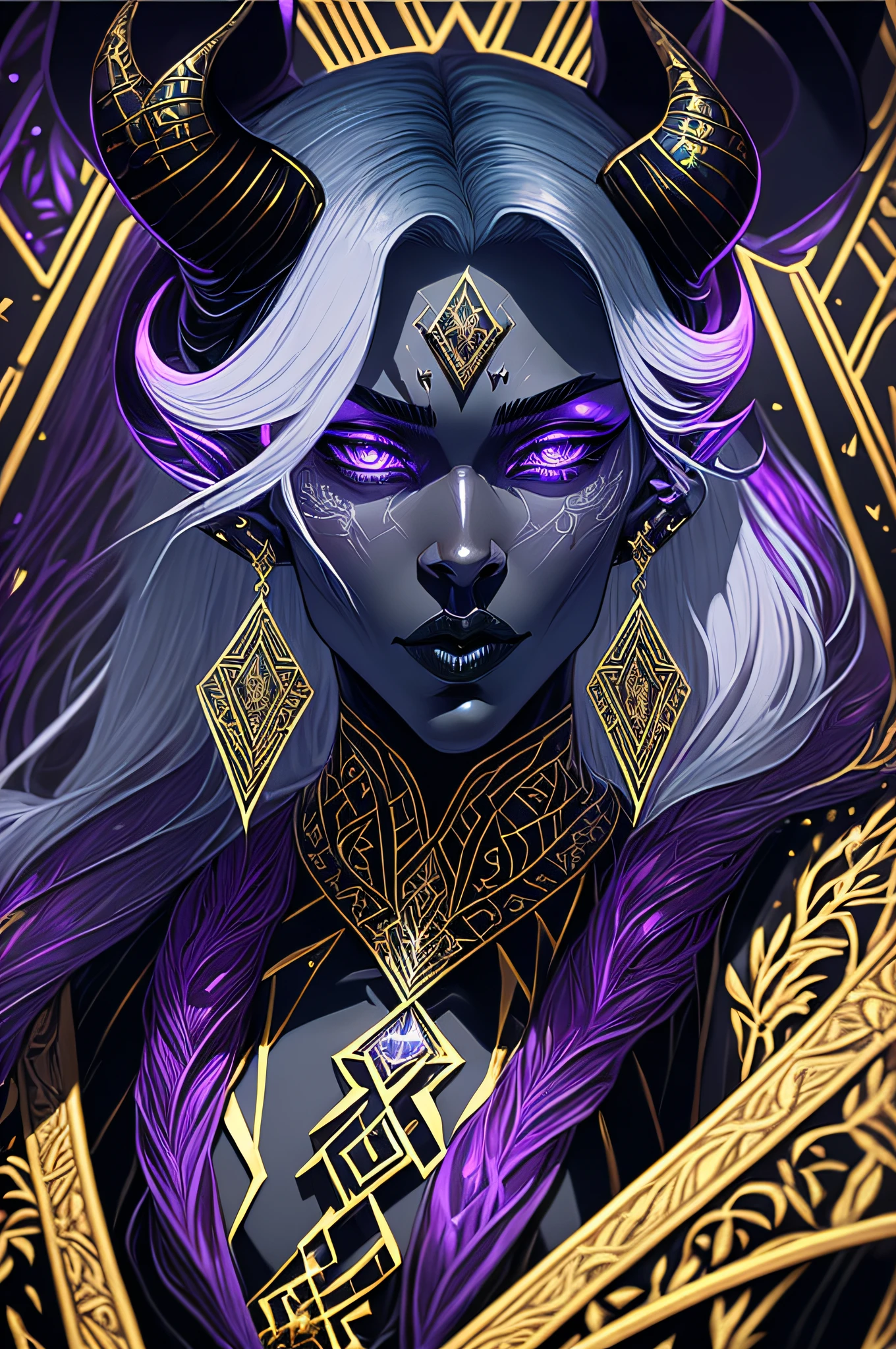 A tarot512 (masterpiece, 4k, ultra detailed, raw photo:1.2), illustration, (Art Deco:1.2), (minimalism:1.2), (CCDDA Artstyle:1.0),
(bluish black skin:1.2), (dark skin:1.1), (beautiful face:1.0),
amethyst polished gemstone, refraction, black glass, reflection, crystalline armor, crystals,
white hair, pointy ears, demon queen, skinny drow, beautiful angular face, glowing, purple eyes, demon (horns:1.2), very long flowing hair, (puffy lips:1.1), huge lips,
glowing jewelry, crystals, purple and gold, earrings, brooch, high neck, (detailed floral patterns, intricate geometric patterns:1.1),