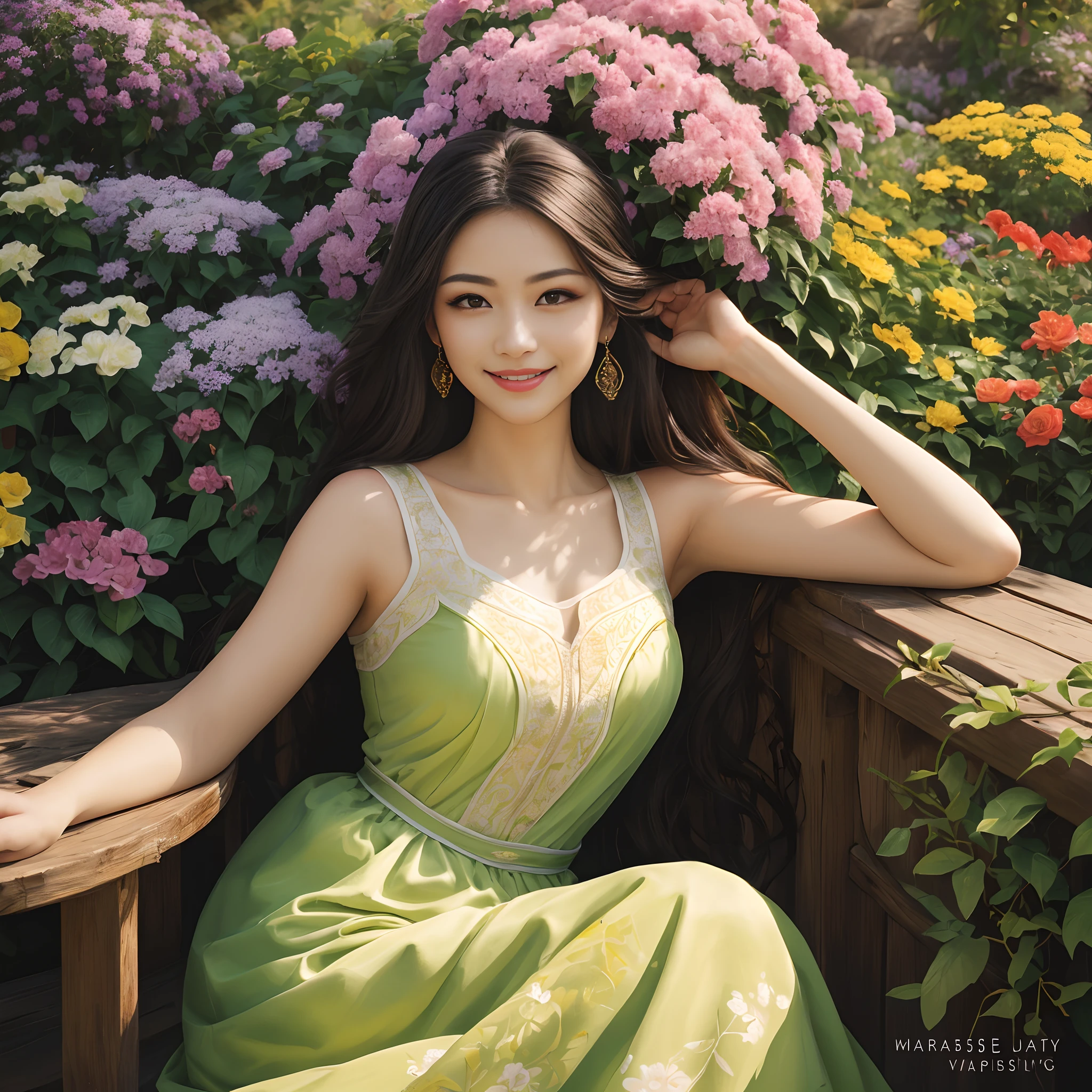 A detailed portrait of a beautiful woman with glowing eyes and radiant smile, surrounded by vibrant flowers in a blooming garden. The woman's eyes are captivating, with intricate details in the iris and long, voluminous eyelashes. Her lips are exquisitely detailed, with a hint of a smile that conveys a sense of joy and contentment. The overall image is of the highest quality, with ultra-detailed features and vivid colors that make it visually stunning. The painting is done in a realistic, photorealistic style that brings the woman and the garden to life. The colors are rich and vibrant, with a warm and inviting color palette that enhances the beauty of the scene. The lighting is soft and gentle, creating a serene and tranquil atmosphere. This masterpiece is a true work of art, showcasing the talent and skill of the artist. (((Masterpiece))), (((best quality))), ((Ultra-detailed)).