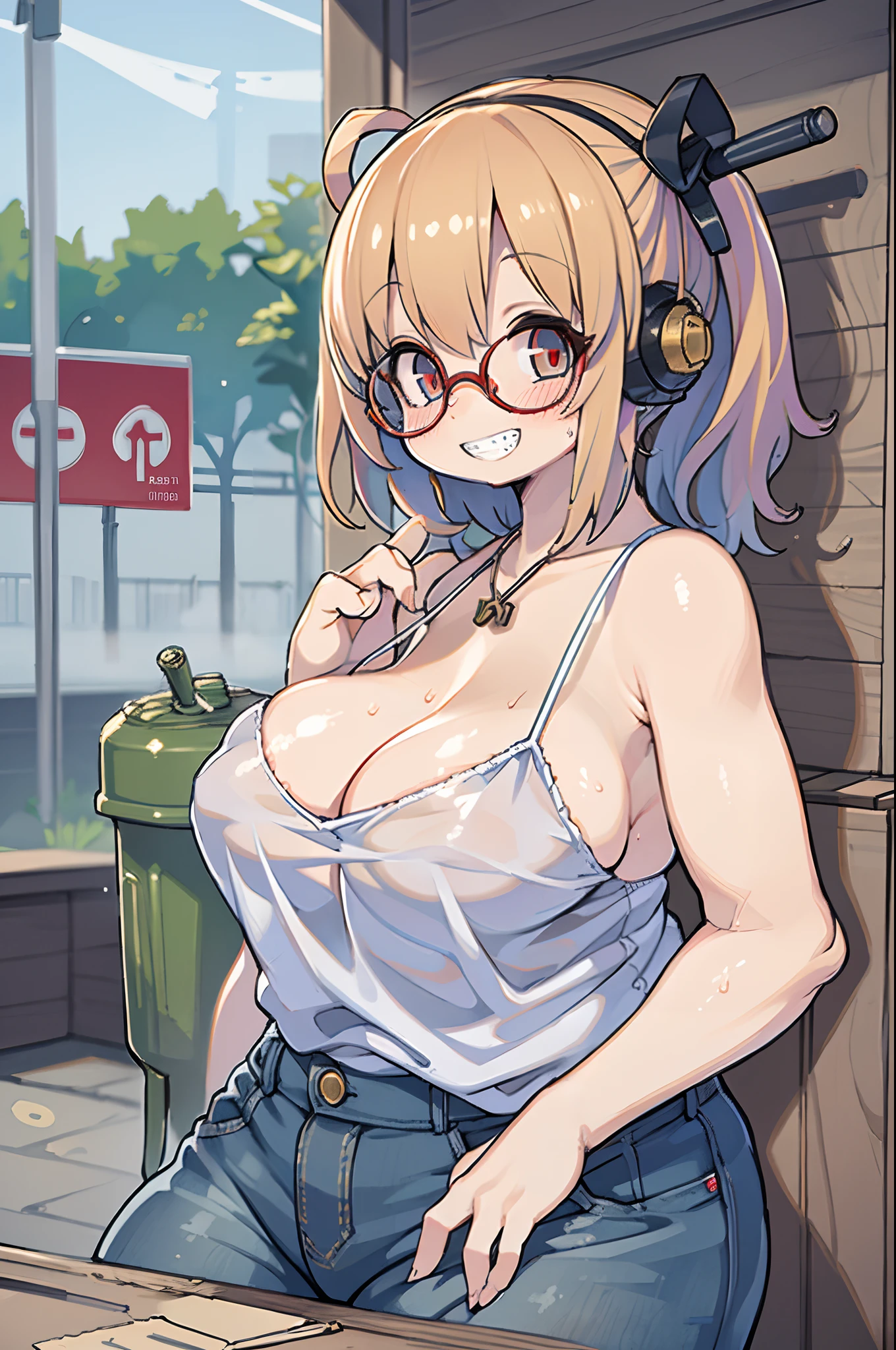 masutepiece, Best Quality, 1girl in, Sharp eyes, Smile,rocket launcher、big round glasses,Camisole、(((Jagged teeth)))