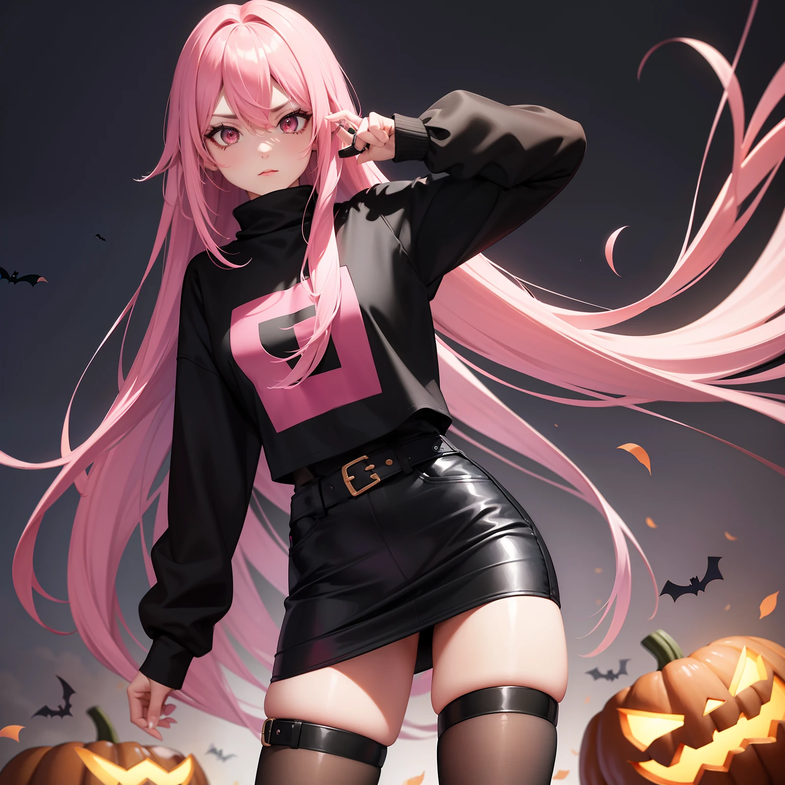 Leader of Runaway Bad Girl, Long Black Jumper, a cool、a miniskirt, Long pink hair, Looking at the viewer, Front view,Halloween costume version