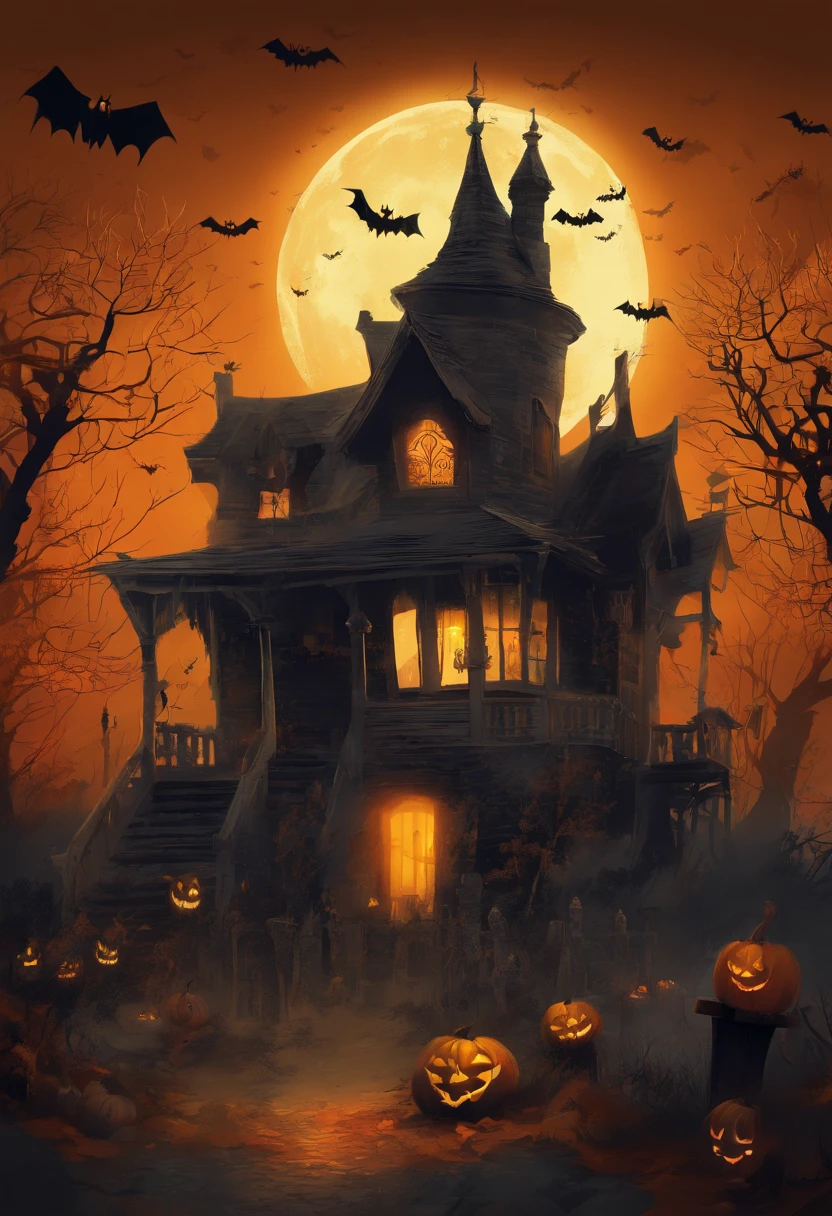 A painting of a house with pumpkins and bats in front of it - SeaArt AI
