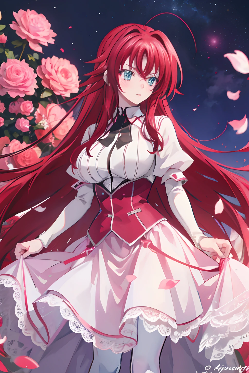 realistic, 1girl, rias gremory, red hair, white hair, Blue eyes, glowing eyes, White and pink wedding gown, Red skirt, Pink pantyhose ,parted lips, blush, night, flowers, sun, sunlight,