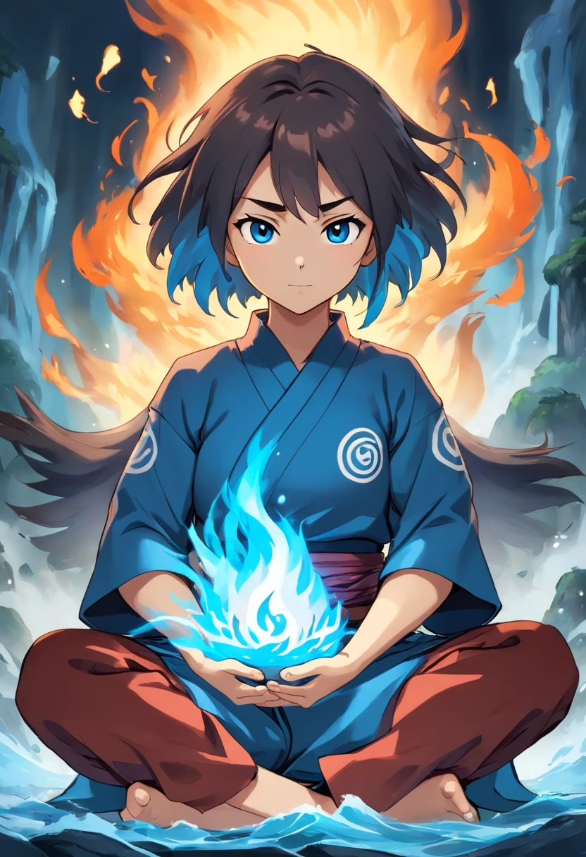 Anime do Studio Ghibli, melhor qualidade, anime, , Ryu, Fire Nation Clothing, Ryu (Sopro de Fogo), masculino, universo (avatar the last airbender), sozinho, cabelos pretos, blue fire, Chamas azuis intensas, chamas azuis pelo corpo, fogo azul mesclado com branco, safira, Escuro, Cabelo samurai, olhos fechados, Meditando, sentado, Avatar Meditation, 16 anos, Fundo Cachoeira, Ryu sopro de fogo, Dominador de Fogo azul, - Avatar Universe or Last Airbender, mestre do fogo azul, roupa preta, blusa preta, luvas pretas, Garganta alta, Baggy Puffy Pants, camisa preta de manga comprida por baixo da blusa, Blue Flames.