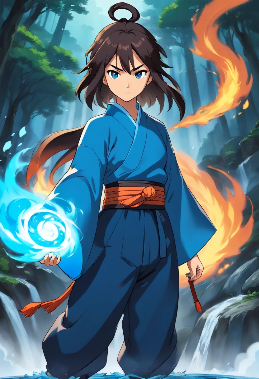 Anime do Studio Ghibli, melhor qualidade, anime, , Ryu, Fire Nation Clothing, Ryu (Sopro de Fogo), masculino, universo (avatar the last airbender), sozinho, cabelos pretos, blue fire, Chamas azuis intensas, chamas azuis pelo corpo, fogo azul mesclado com branco, safira, Escuro, Cabelo samurai, olhos fechados, Meditando, sentado, Avatar Meditation, 16 anos, Fundo Cachoeira, Ryu sopro de fogo, Dominador de Fogo azul, - Avatar Universe or Last Airbender, mestre do fogo azul, roupa preta, blusa preta, luvas pretas, Garganta alta, Baggy Puffy Pants, camisa preta de manga comprida por baixo da blusa, Blue Flames.