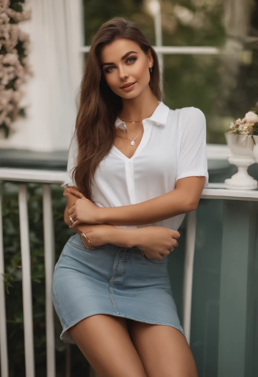 Arafed woman in white T-shirt and necklace, Meals in the restaurant, sexy girl with green eyes, portrait sophie mudd, brown hair and large eyes, selfie of a young woman, bedroom eyes, violet myers, no makeup, natural makeup, looking straight at camera, face with artgram, fine makeup, Stunning full-length shot, Piercing green eyes, beautiful angle, attractive pose, Sweet girl, sexy pose, full length image, full - body, shooting full body, Brunette goddess, high detail, Satisfied posture, in a gray skirt and boots, upskirt, knee boots