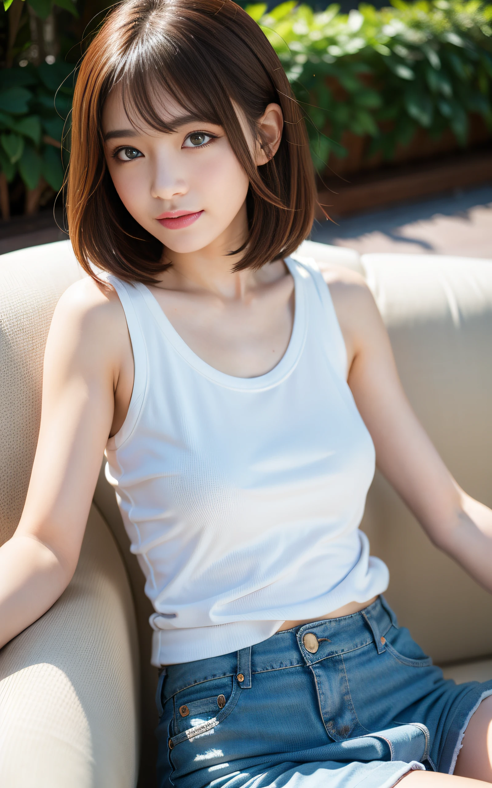 masterpiece, Best Quality, 8K, 1girl, 16 yo, Large breasts, Raw photo, Professional Photography, Portrait, Soft light, Professional Lighting, Solo, Full body, sofa, Relax, calm, Smile, Cute, Girly, Goddess, Delicate girl, Neat and clean beauty, Digital SLR, Looking away, Candid, Sophisticated, Film grain, (Eyes and faces with detailed:1.0), Medium hair swaying in the wind, Tank top, short pants