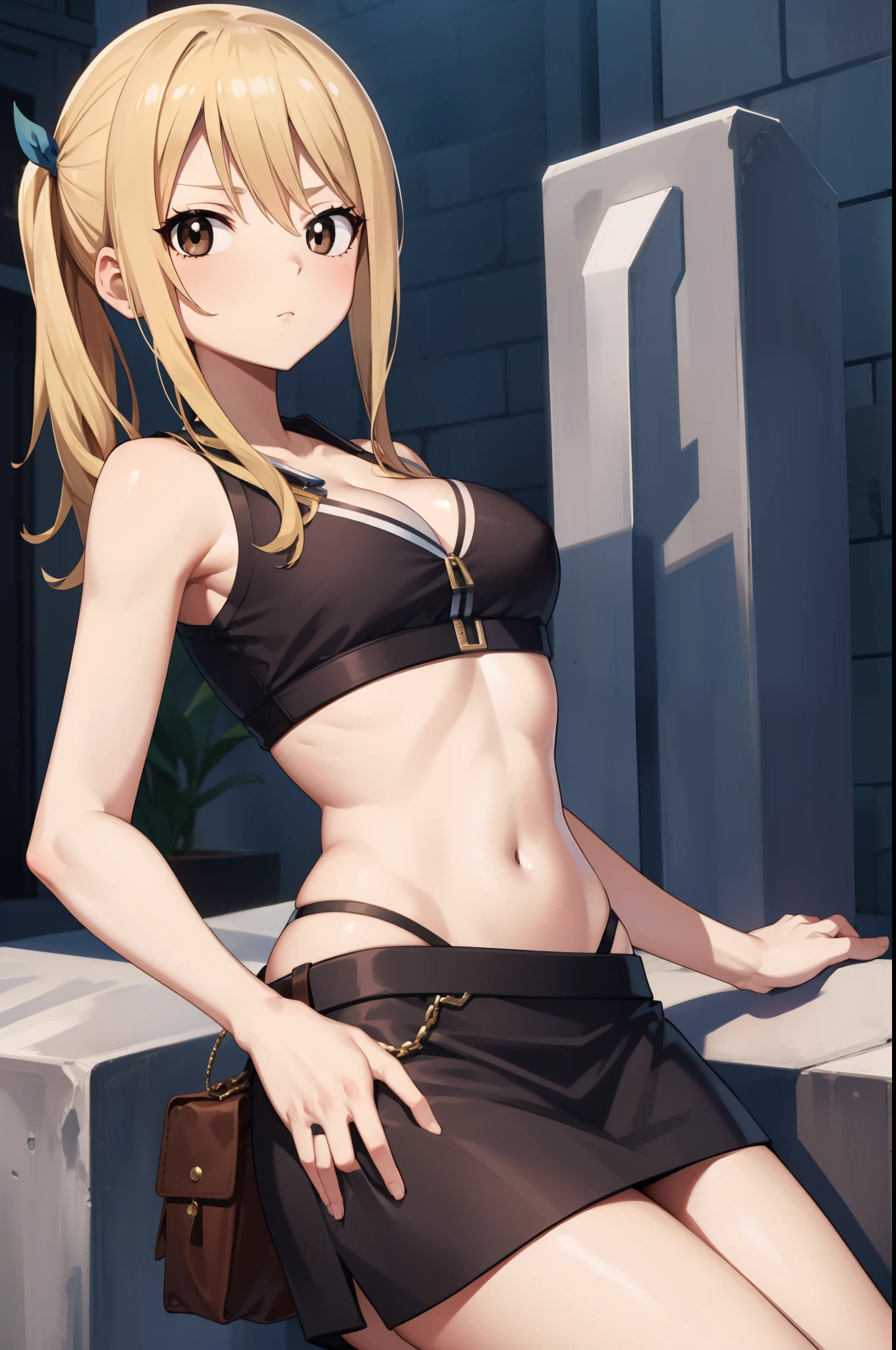 lucyheartfilia, lucy heartfilia, blonde hair, long hair, low twintails, sidelocks, twintails, (brown eyes:1.5),
BREAK black skirt, blue vest, cleavage, midriff, miniskirt, navel, pouch, sidelocks, skirt, stomach, tattoo, vest,
BREAK outdoors, city,
BREAK looking at viewer,
BREAK (masterpiece:1.2), best quality, high resolution, unity 8k wallpaper, (illustration:0.8), (beautiful detailed eyes:1.6), extremely detailed face, perfect lighting, extremely detailed CG, (perfect hands, perfect anatomy),