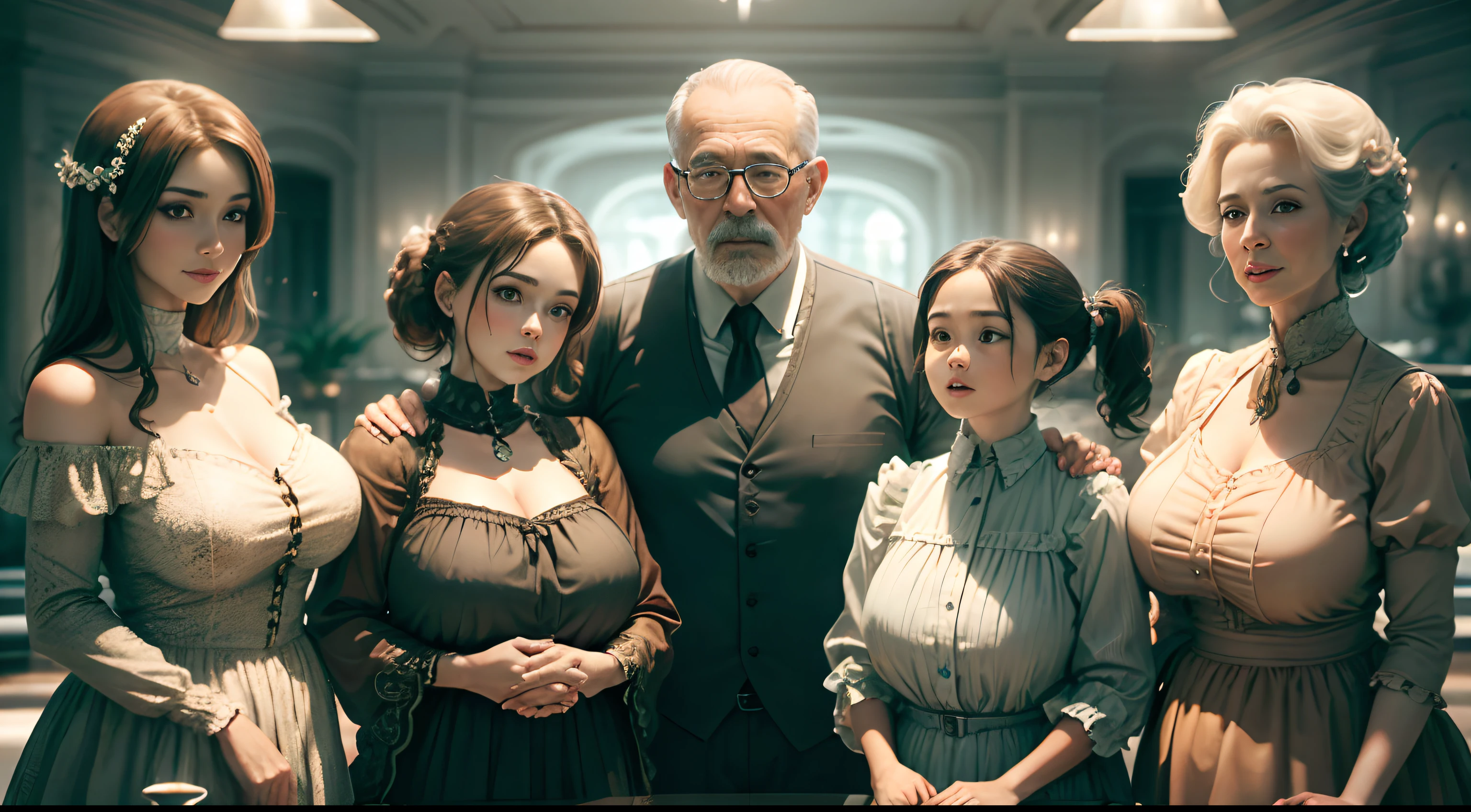 A family of eight, grampa,Grandmother,daddy, mother with big breasts, Older son,The daughter, uncles,Auntie surrealism, projected inset, high detal, best qualtiy